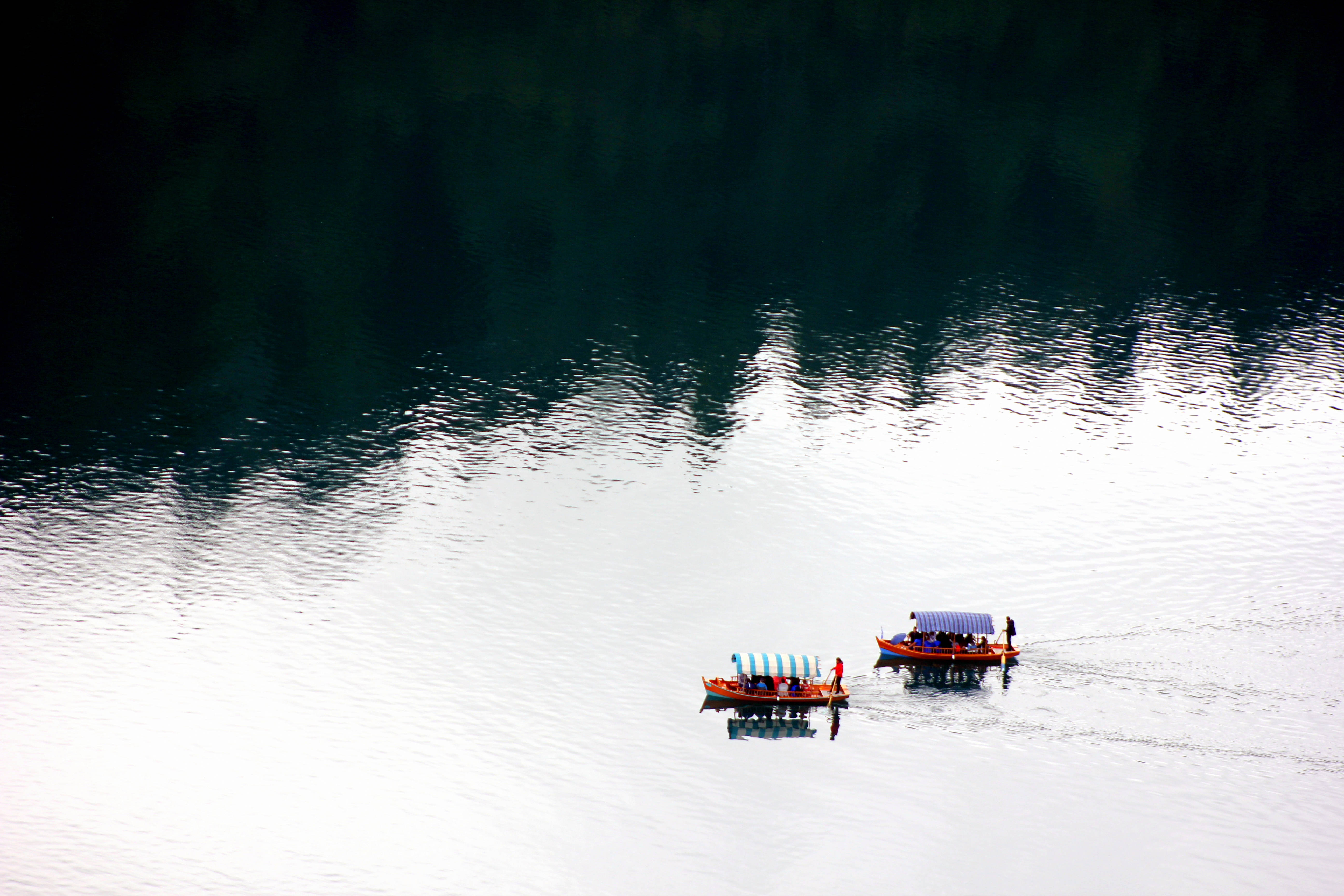 Slovenia, row boats, striped awnings, 5K Desktop Wallpaper