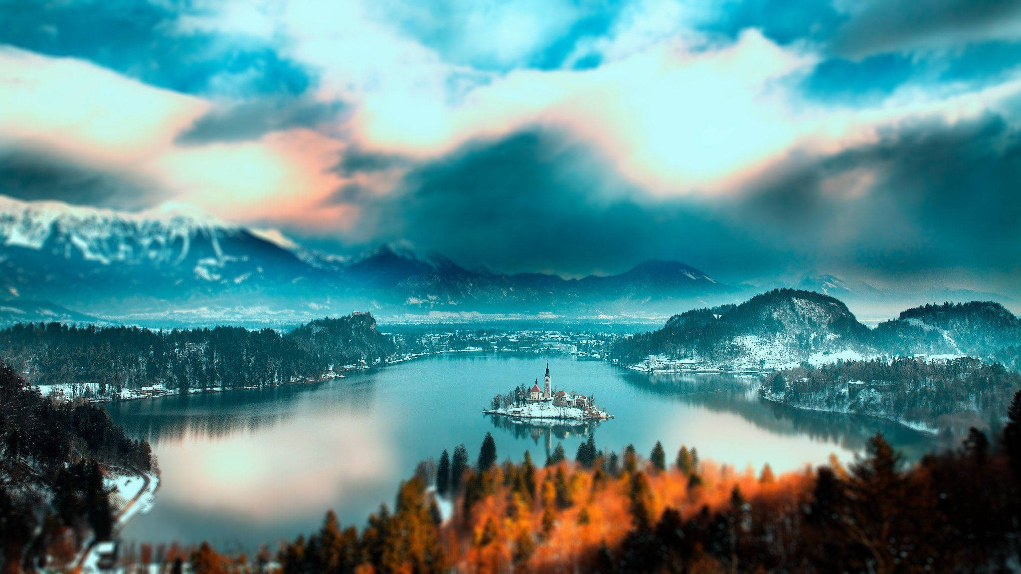 mountain range, Slovenia, winter lake, Full HD Desktop Wallpaper
