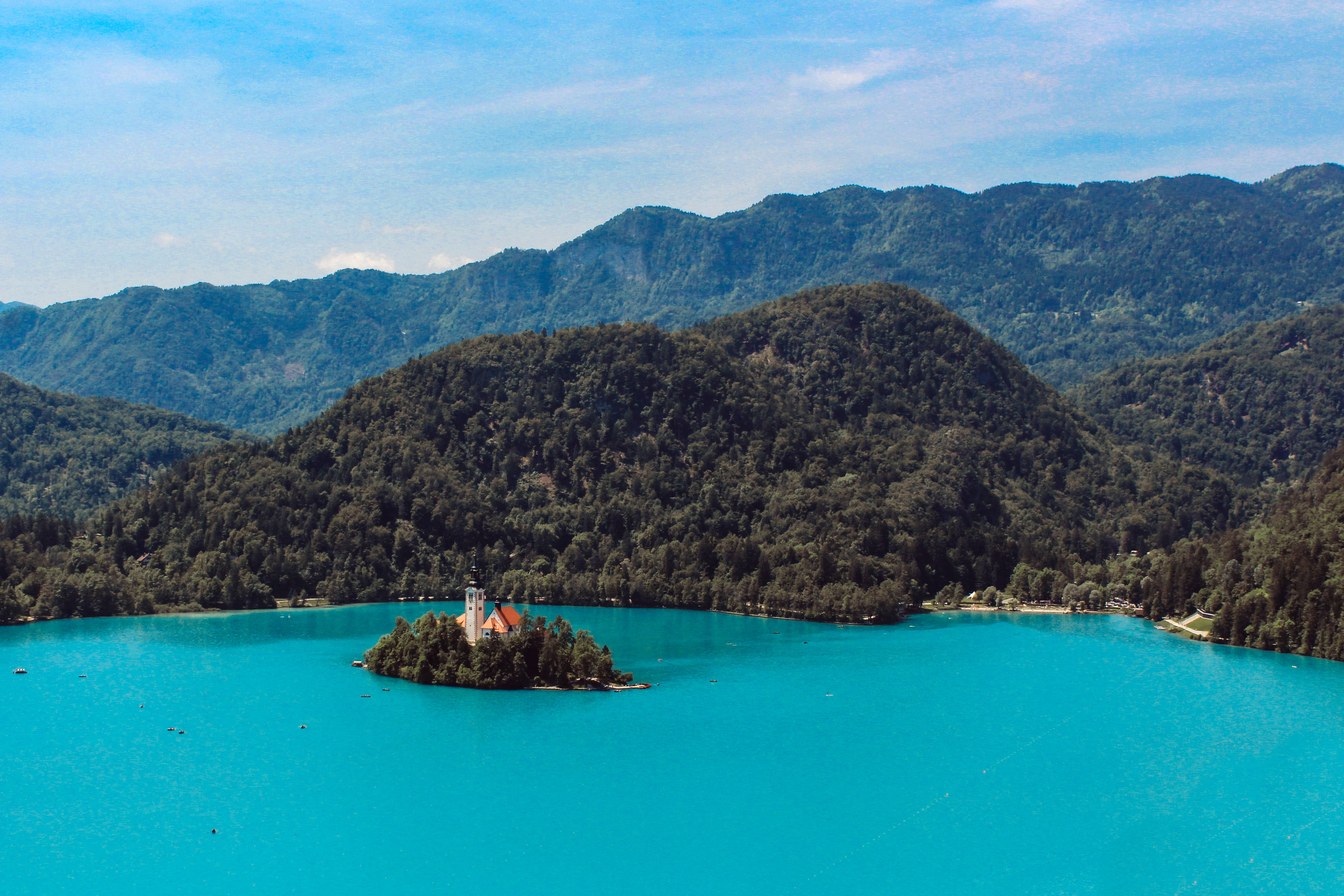 Slovenia, dark turquoise lake Bled, small island, 4K Desktop Wallpaper