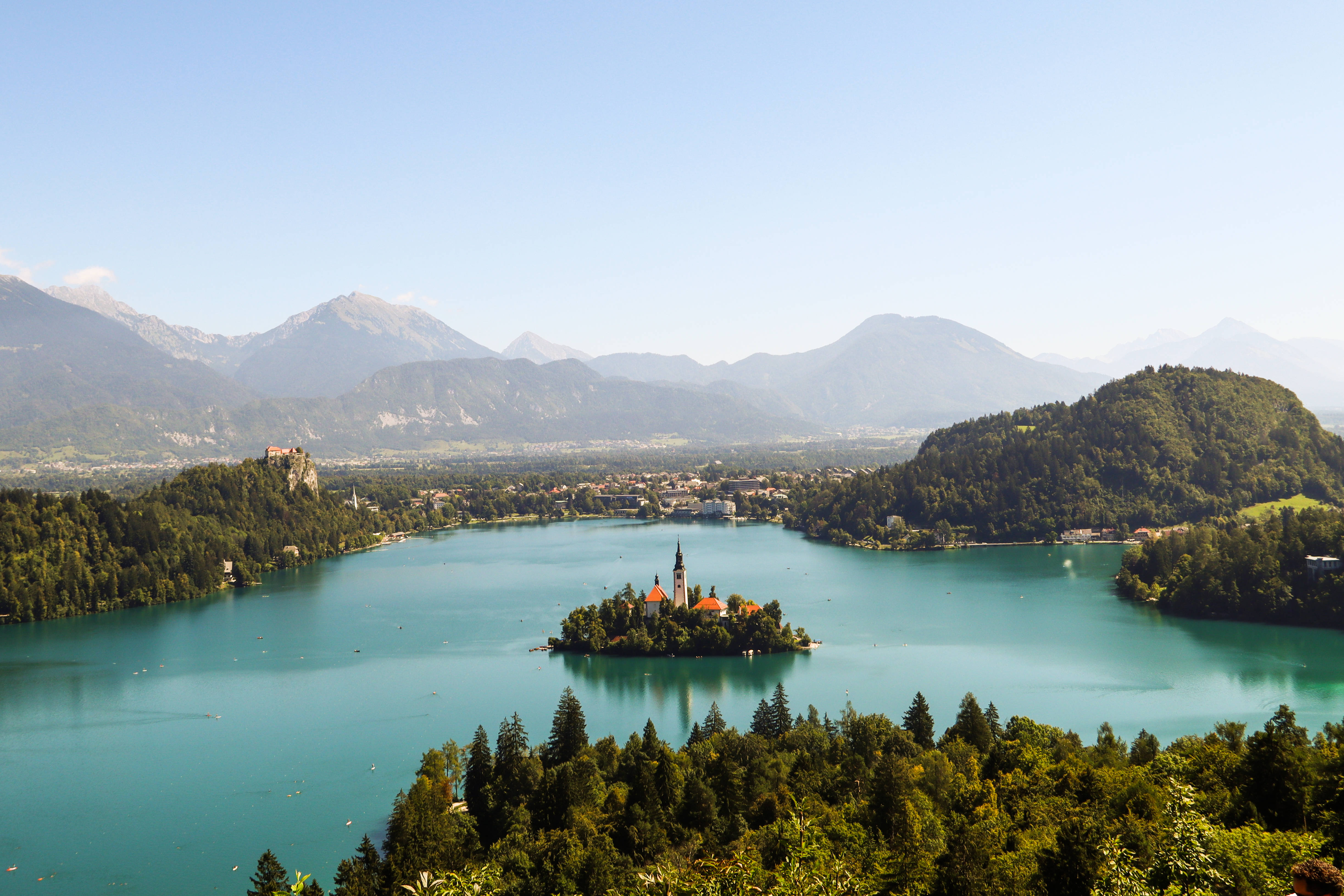 Slovenia, lake, church, 4K Desktop Wallpaper