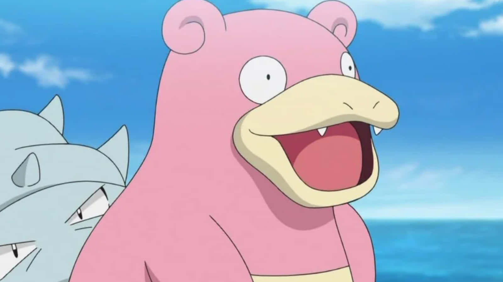 Slowbro, pink cartoon bear, blue sky, HD Desktop Wallpaper