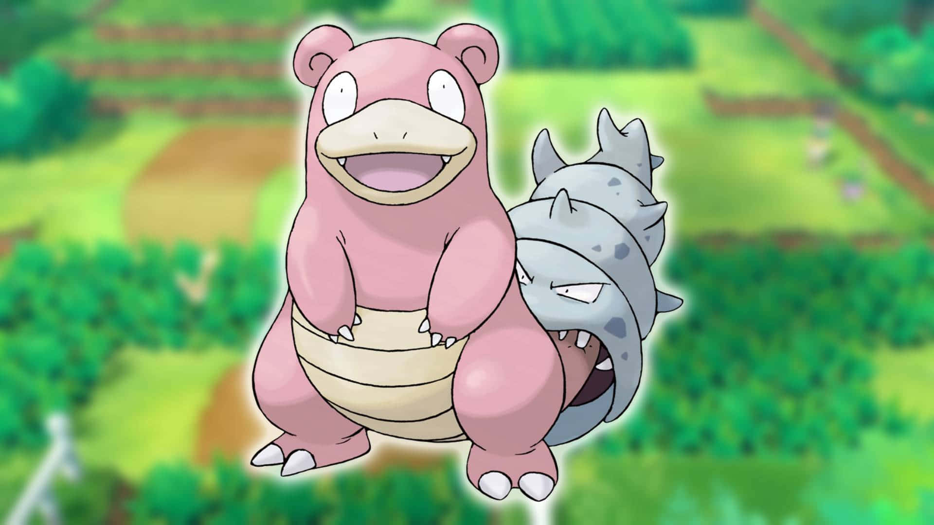 Slowbro, pink Pokémon, gray spiked Pokémon, Full HD Desktop Wallpaper
