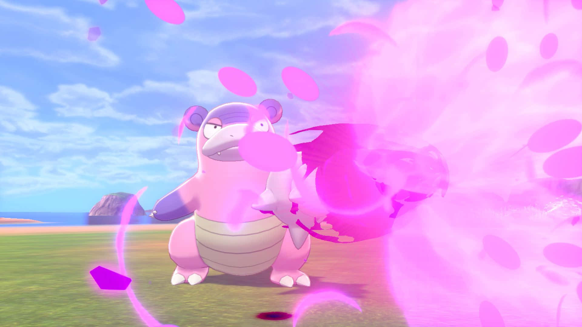 Slowbro, pink Pokémon, vibrant pink energy blast, Full HD Desktop Wallpaper