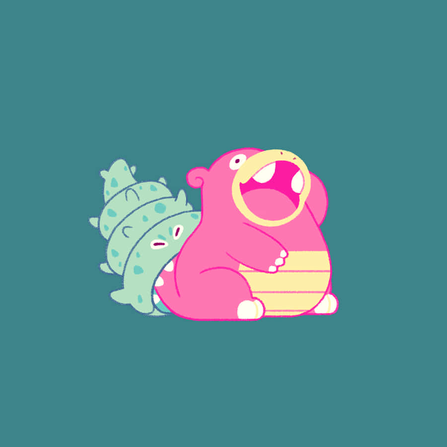 Slowbro, pink cartoon bear, yellow collar, SD Desktop Wallpaper