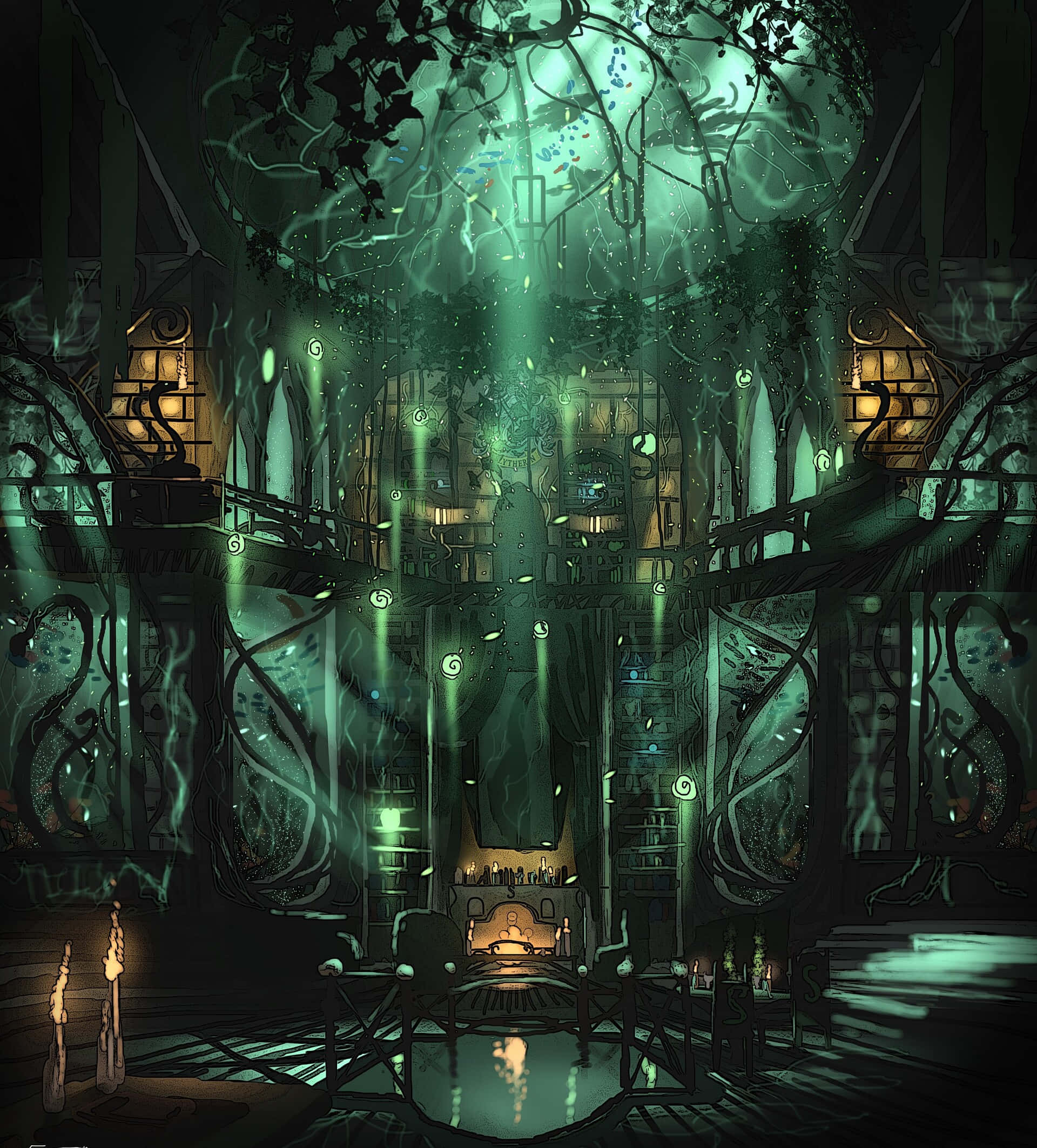 Slytherin Common Room, green-lit interior, vines, Full HD Phone Wallpaper