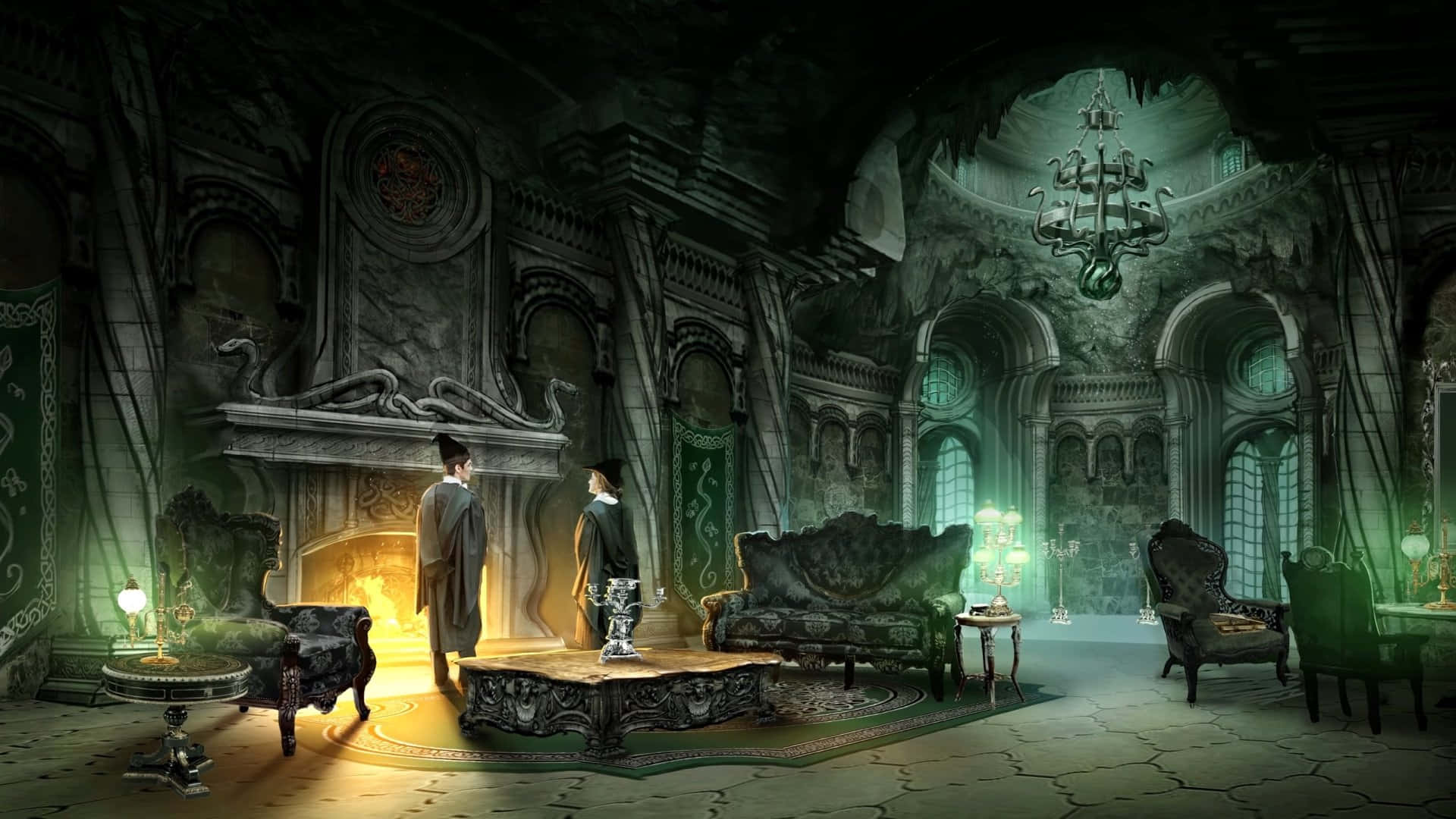 Slytherin Common Room, gothic-style chamber, stone arches, Full HD Desktop Wallpaper