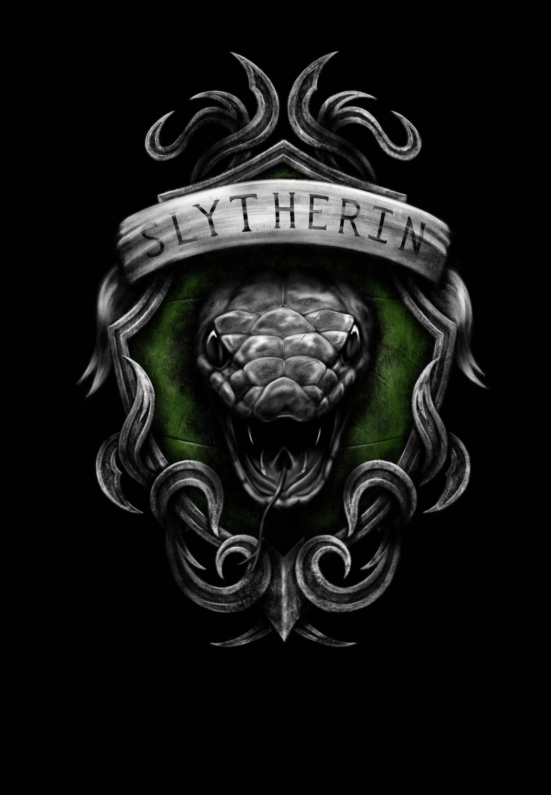Slytherin crest, silver serpent head, open jaws, 2K Phone Wallpaper