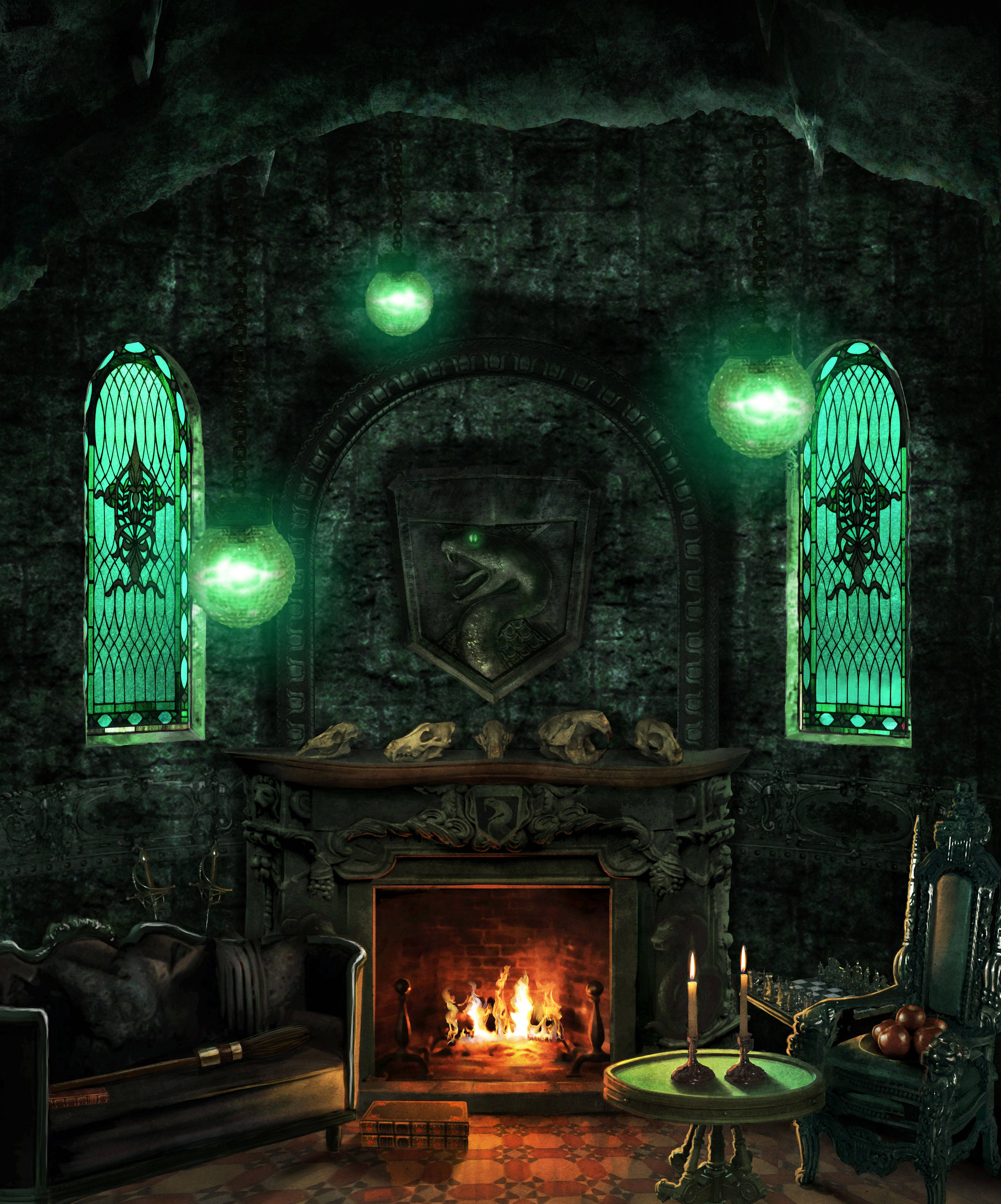 Slytherin, fireplace, green orbs, 4K Phone Wallpaper