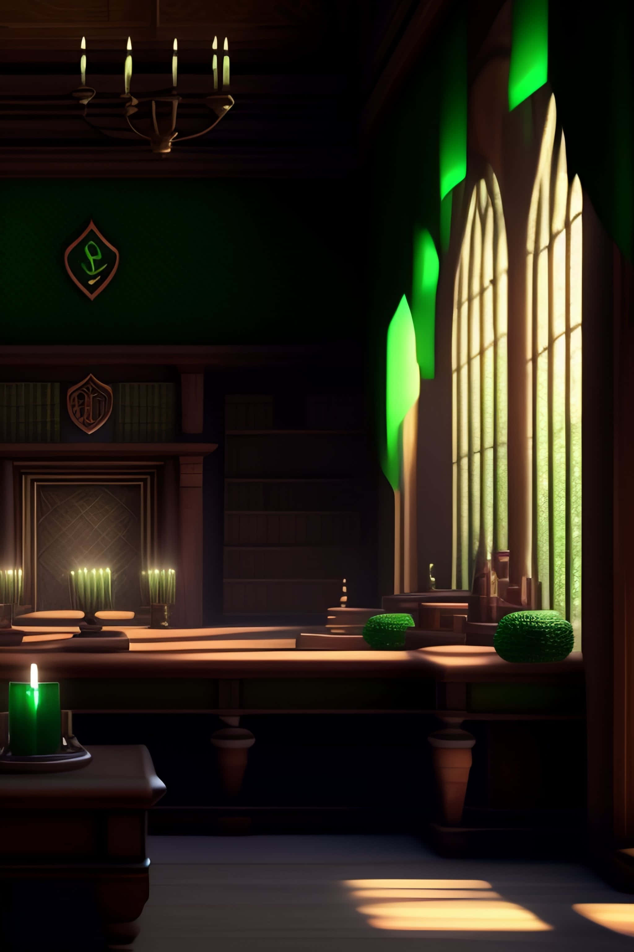 Slytherin Common Room, green light, tall arched windows, 2K Phone Wallpaper