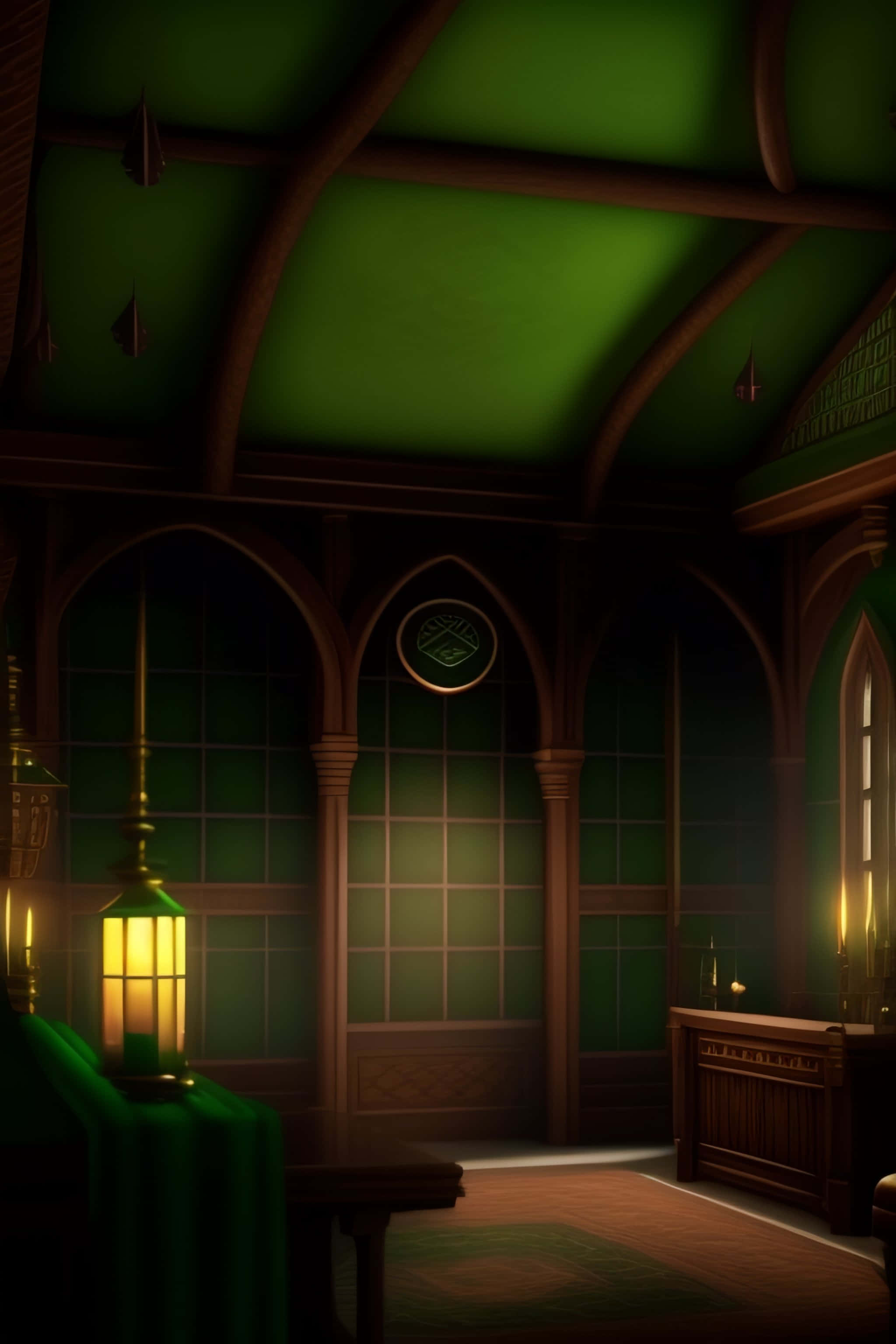 Slytherin Common Room, gothic study, green walls, 2K Phone Wallpaper