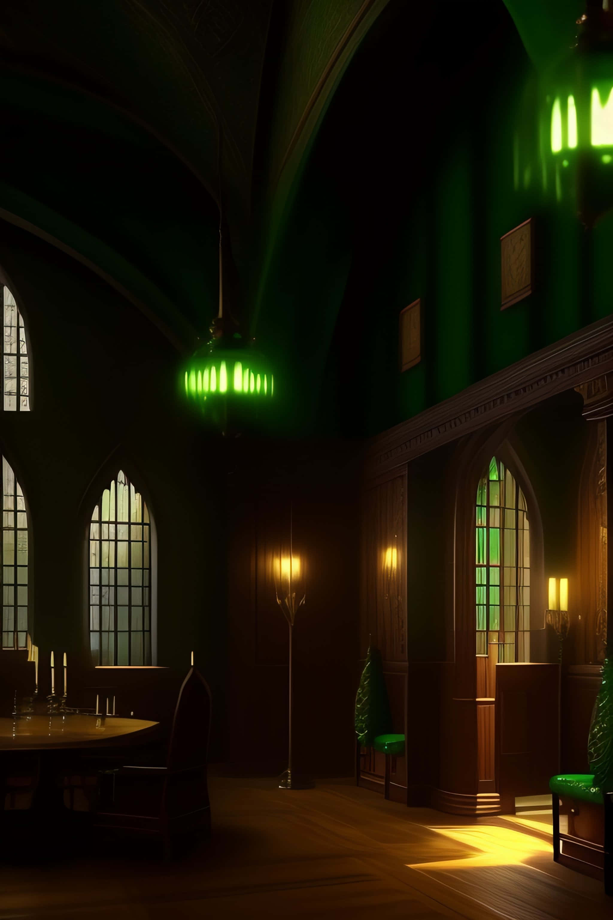 Slytherin Common Room, gothic dining hall, eerie green glow, 2K Phone Wallpaper