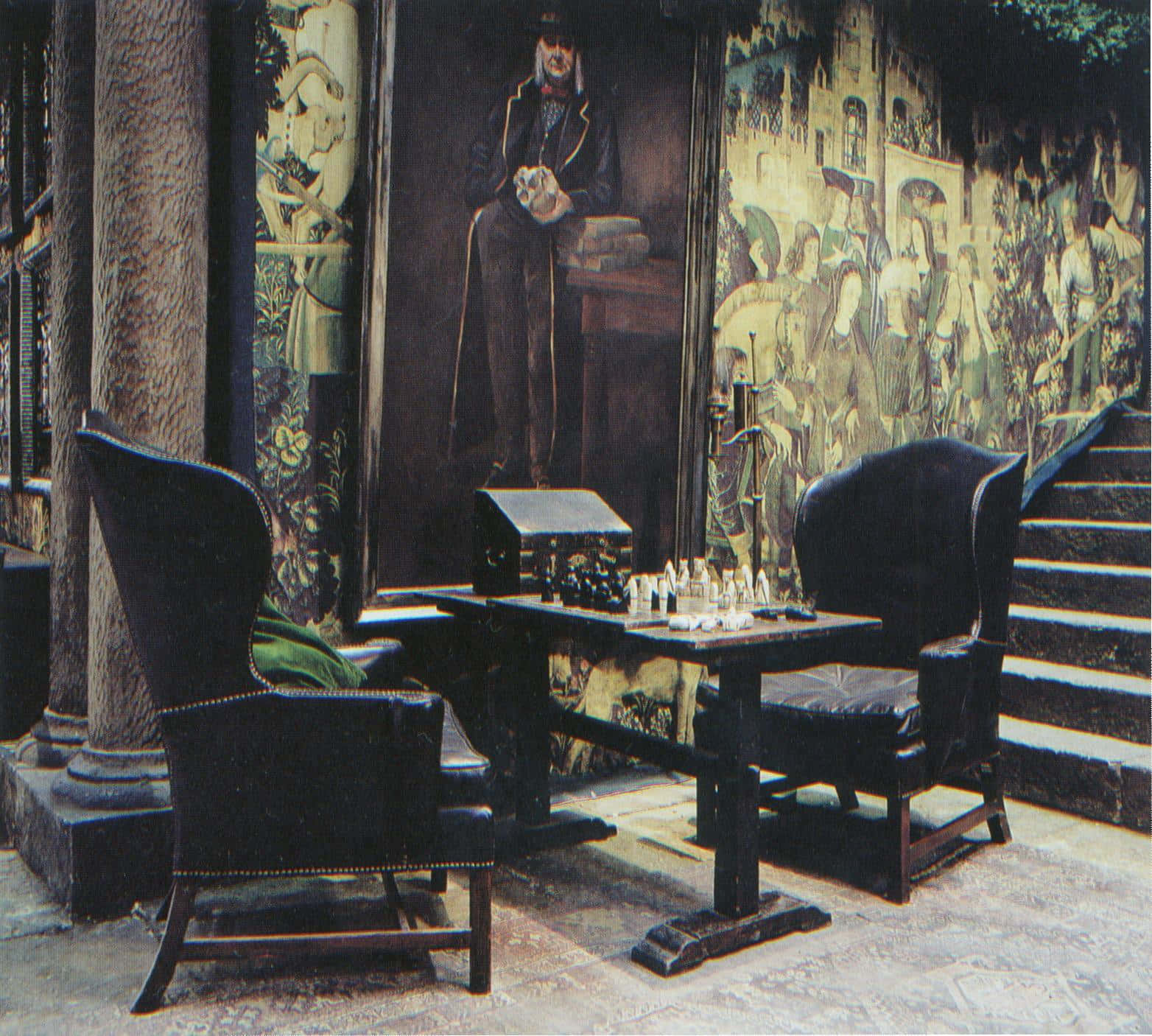 Slytherin Common Room, chess table, black leather chairs, HD Desktop Wallpaper