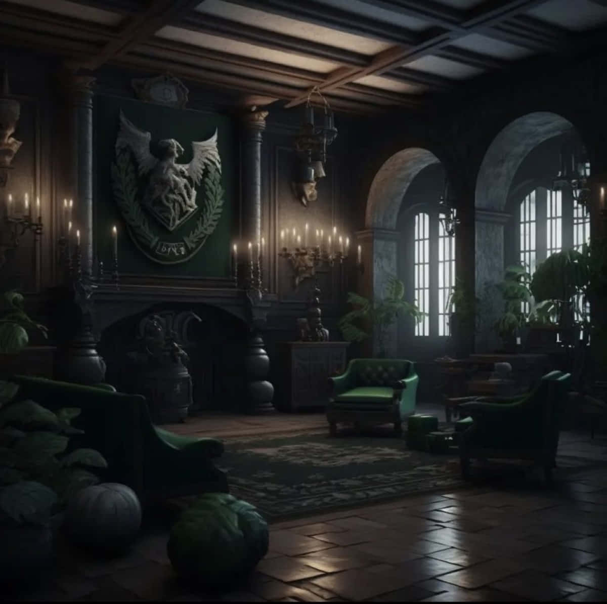Slytherin Common Room, gothic parlor, green velvet chairs, SD Desktop Wallpaper