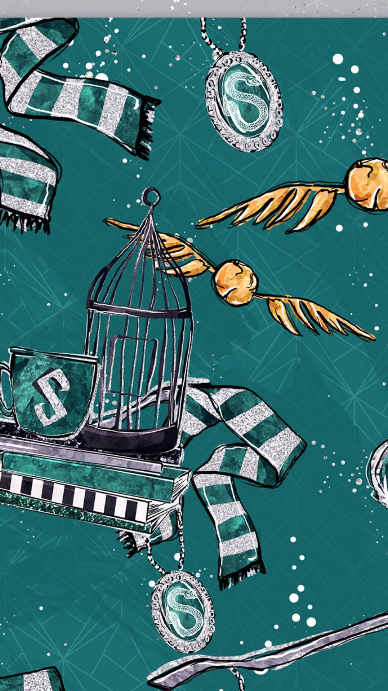 Slytherin, teal background, floating Slytherin-themed items, Full HD Phone Wallpaper
