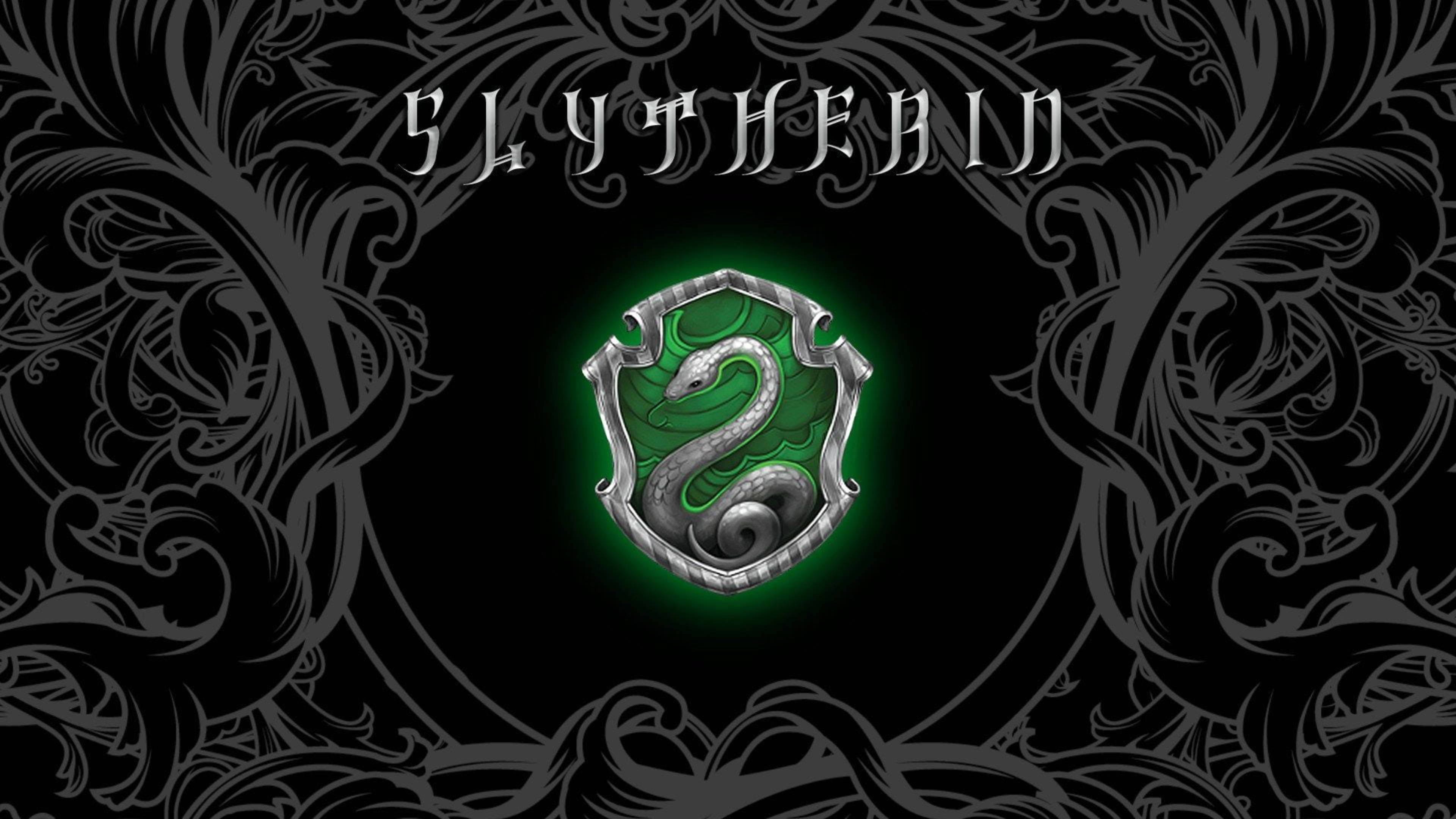 Slytherin crest, coiled serpent, glowing green, 4K Desktop Wallpaper