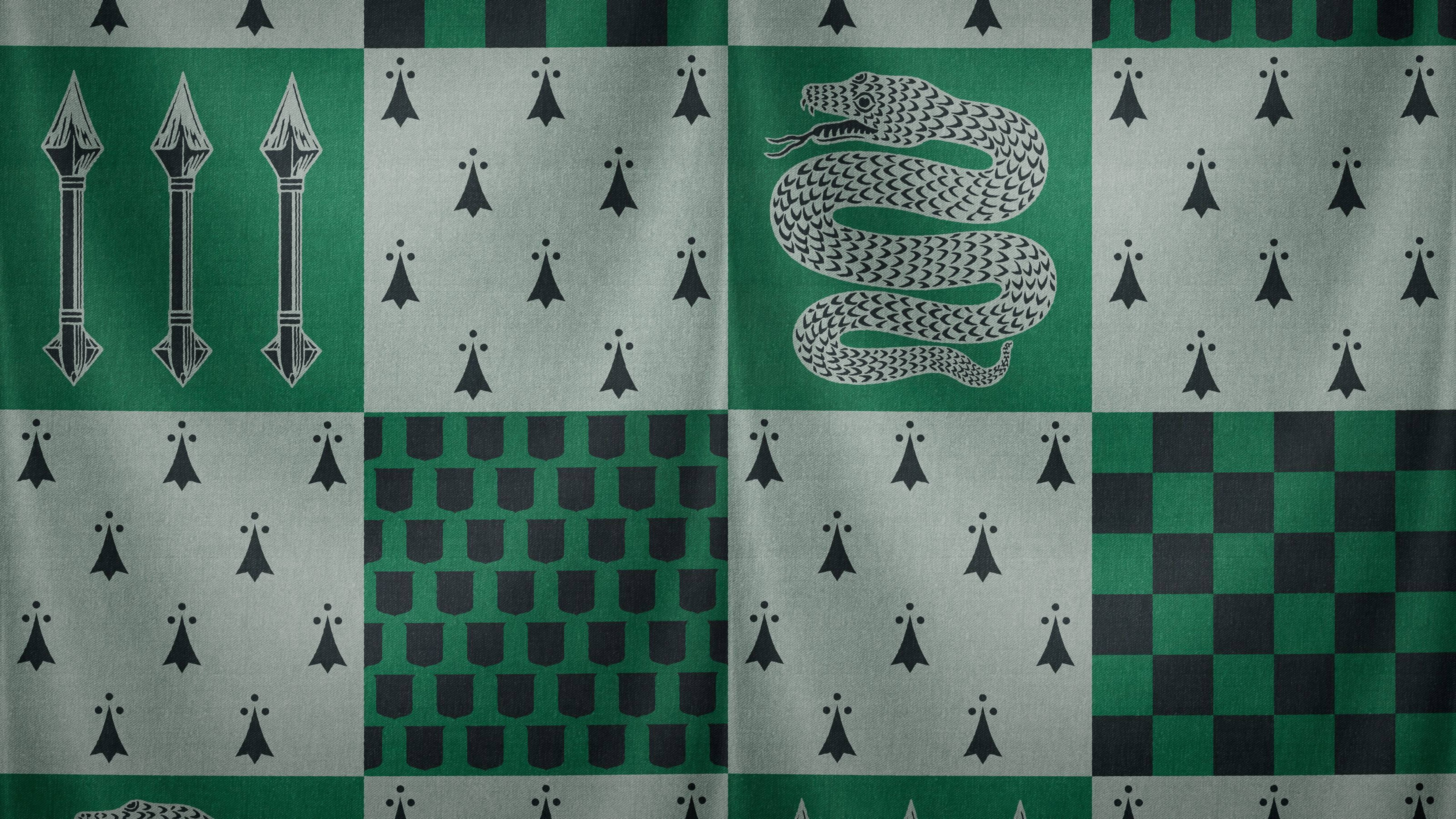 Slytherin, green and black checkered, snake and spear motifs, 5K Desktop Wallpaper