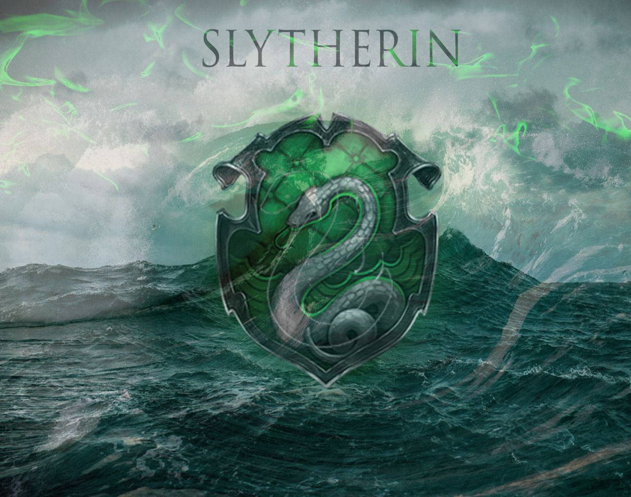 Slytherin crest, coiled serpent, turbulent green waters, HD Desktop Wallpaper