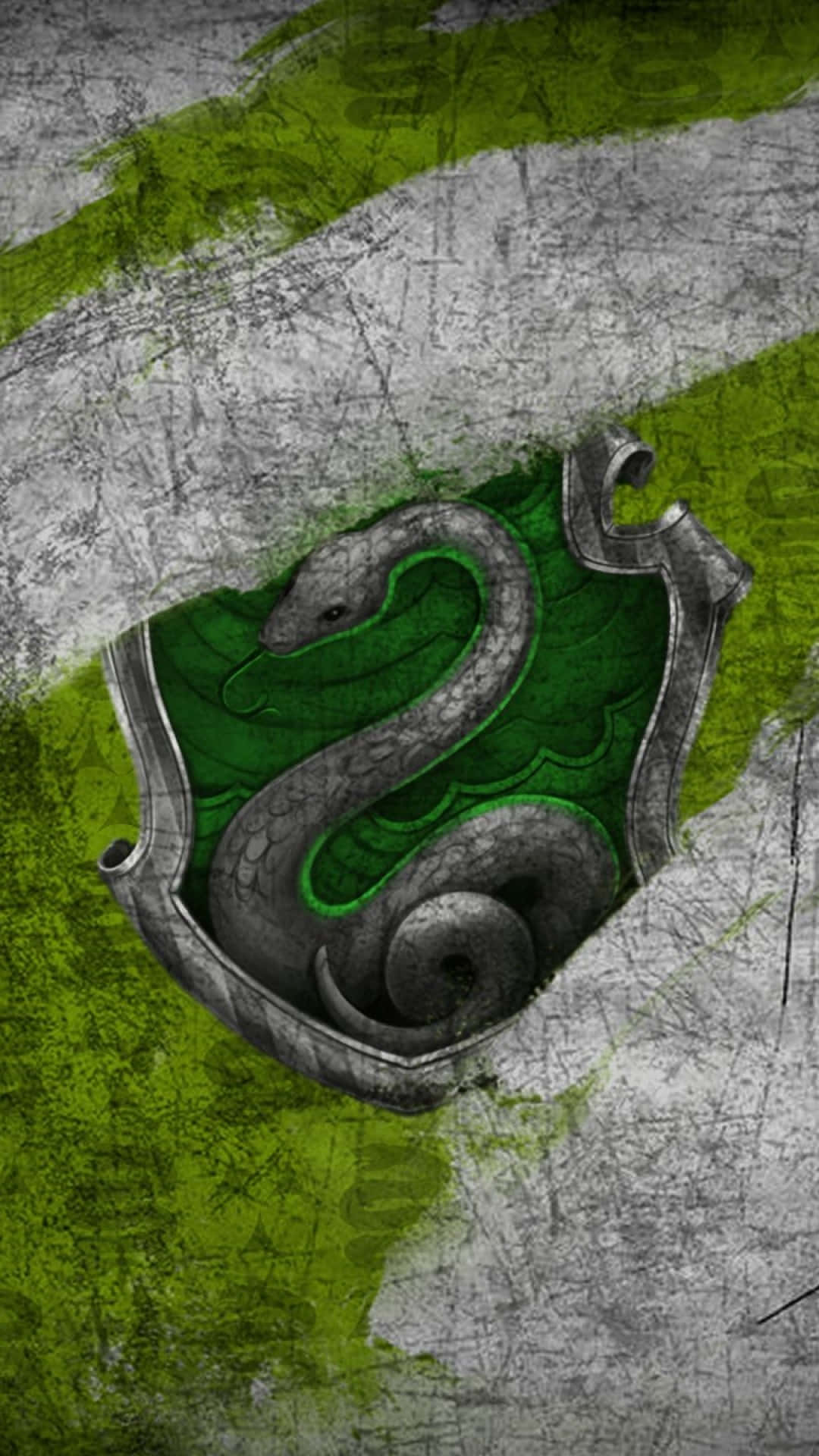 Slytherin, green and silver serpent emblem, cracked textured surface, Full HD Phone Wallpaper