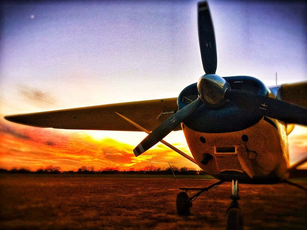 vintage propeller plane, grassy field, sunset, SD Desktop Wallpaper