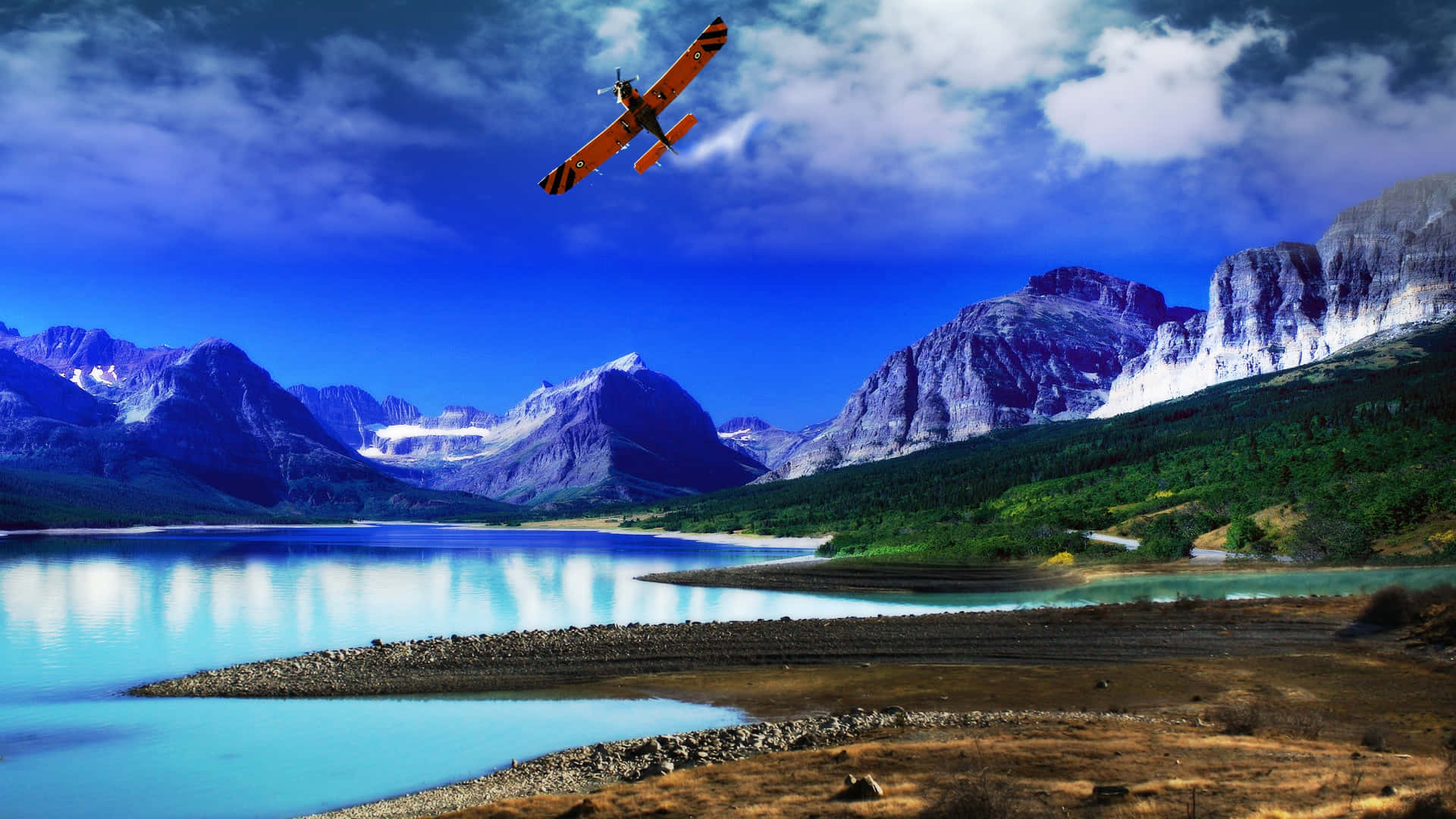 vibrant orange biplane, serene turquoise lake, snow-capped mountains, Full HD Desktop Wallpaper