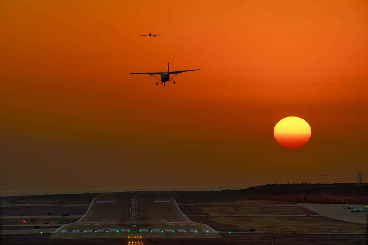 small airplane, fiery orange sunset, runway, SD Desktop Wallpaper