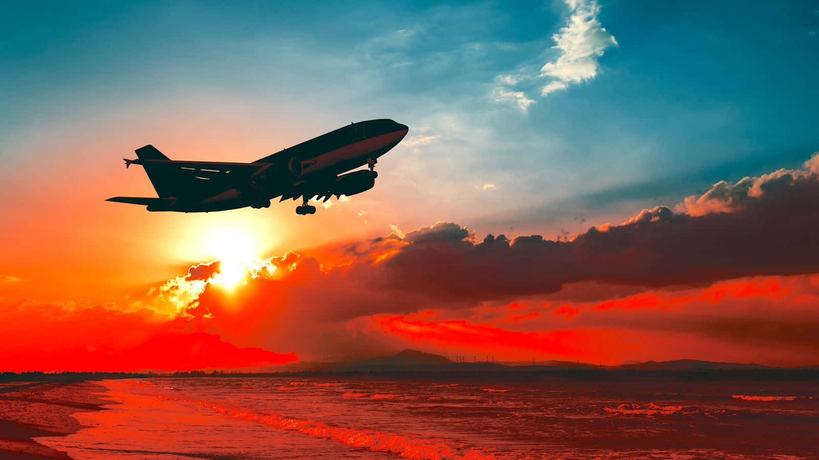 Small Airplane, seashore, fiery sunset, HD Desktop Wallpaper