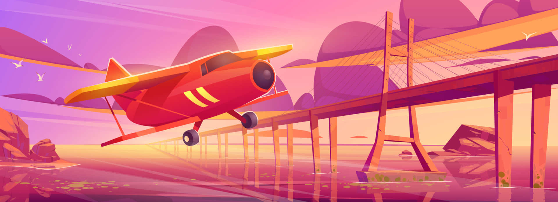 red and yellow biplane, bridge, sunset, Full HD Desktop Wallpaper