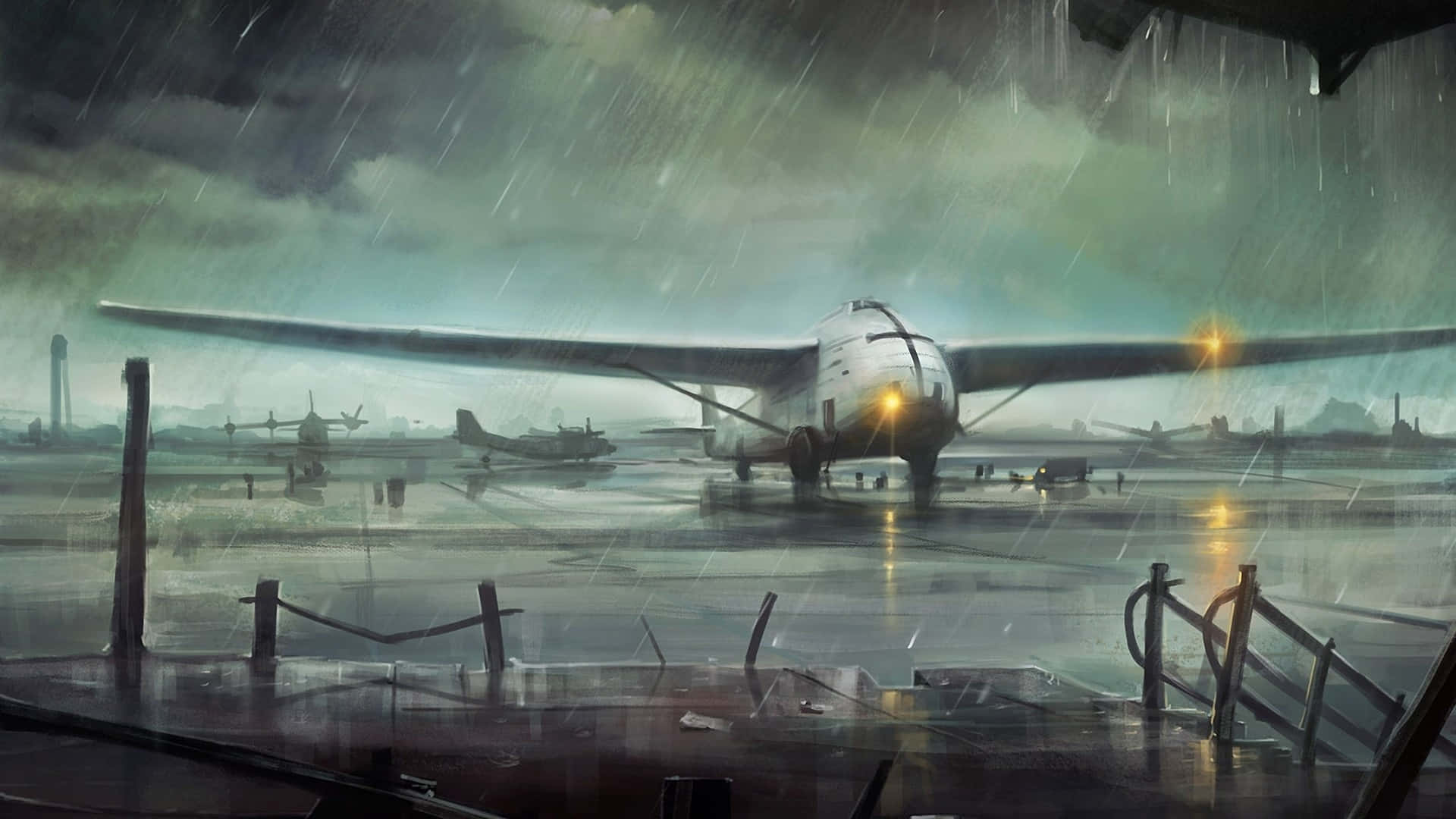 vintage airplane, rain-slicked airfield, stormy sky, Full HD Desktop Wallpaper