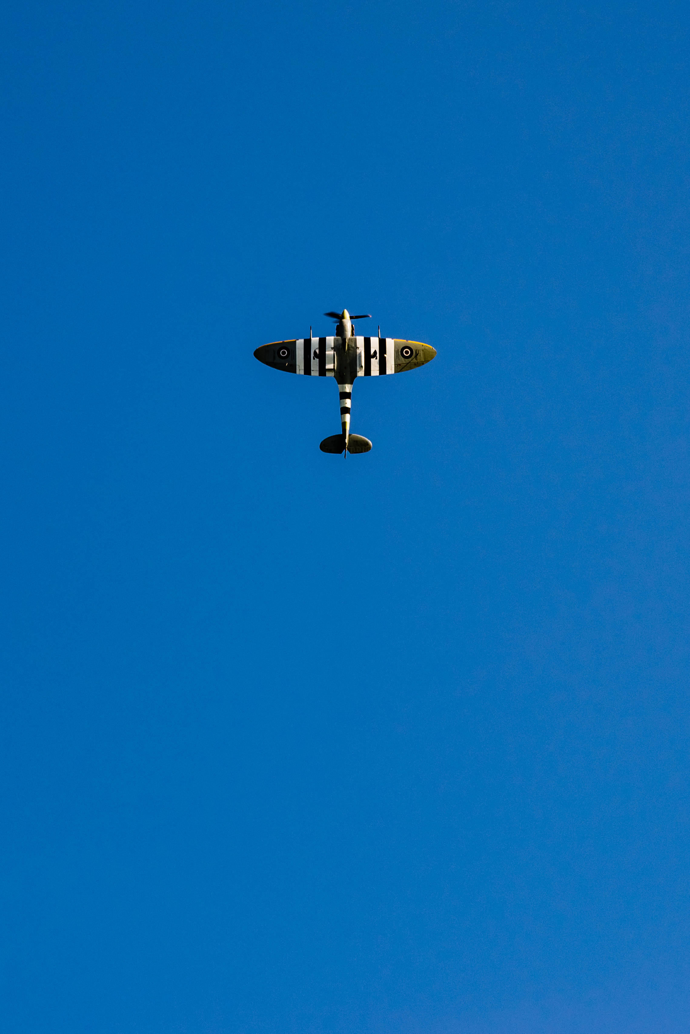 vintage fighter plane, black and white striped wings, clear blue sky, 2K Phone Wallpaper