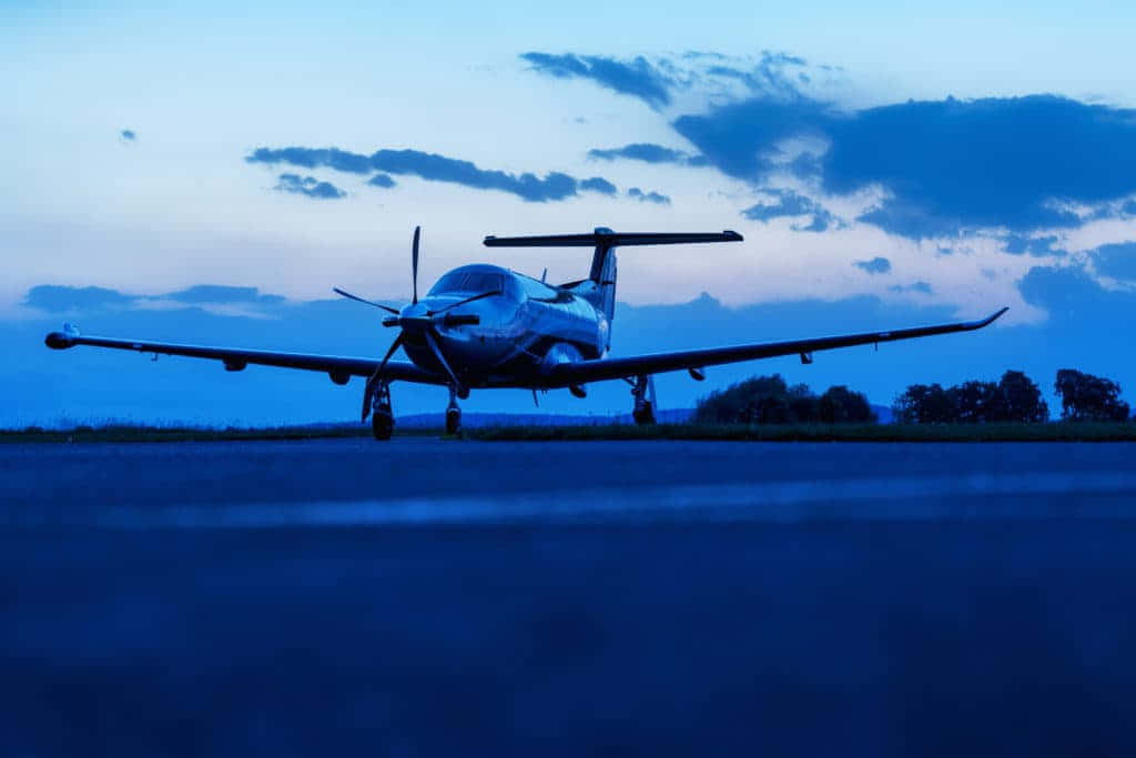 small propeller airplane, runway, deep blue twilight, SD Desktop Wallpaper