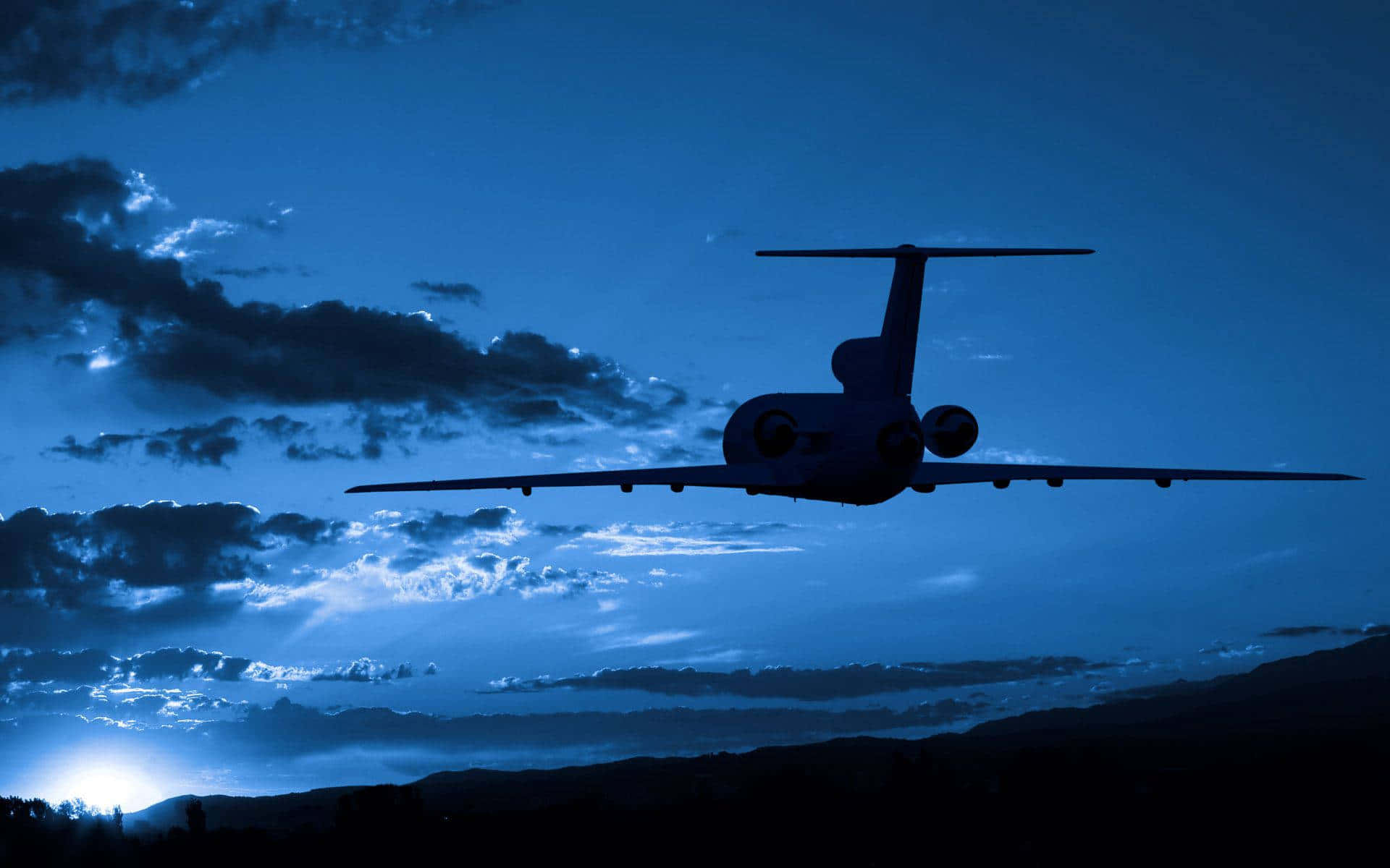 small airplane, sunrise, deep blue twilight sky, Full HD Desktop Wallpaper