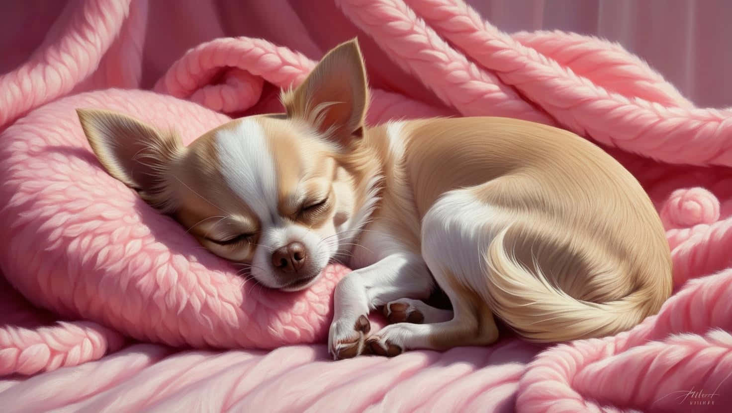 chihuahua, tan and white fur, soft pink knitted blanket, HD Desktop Wallpaper