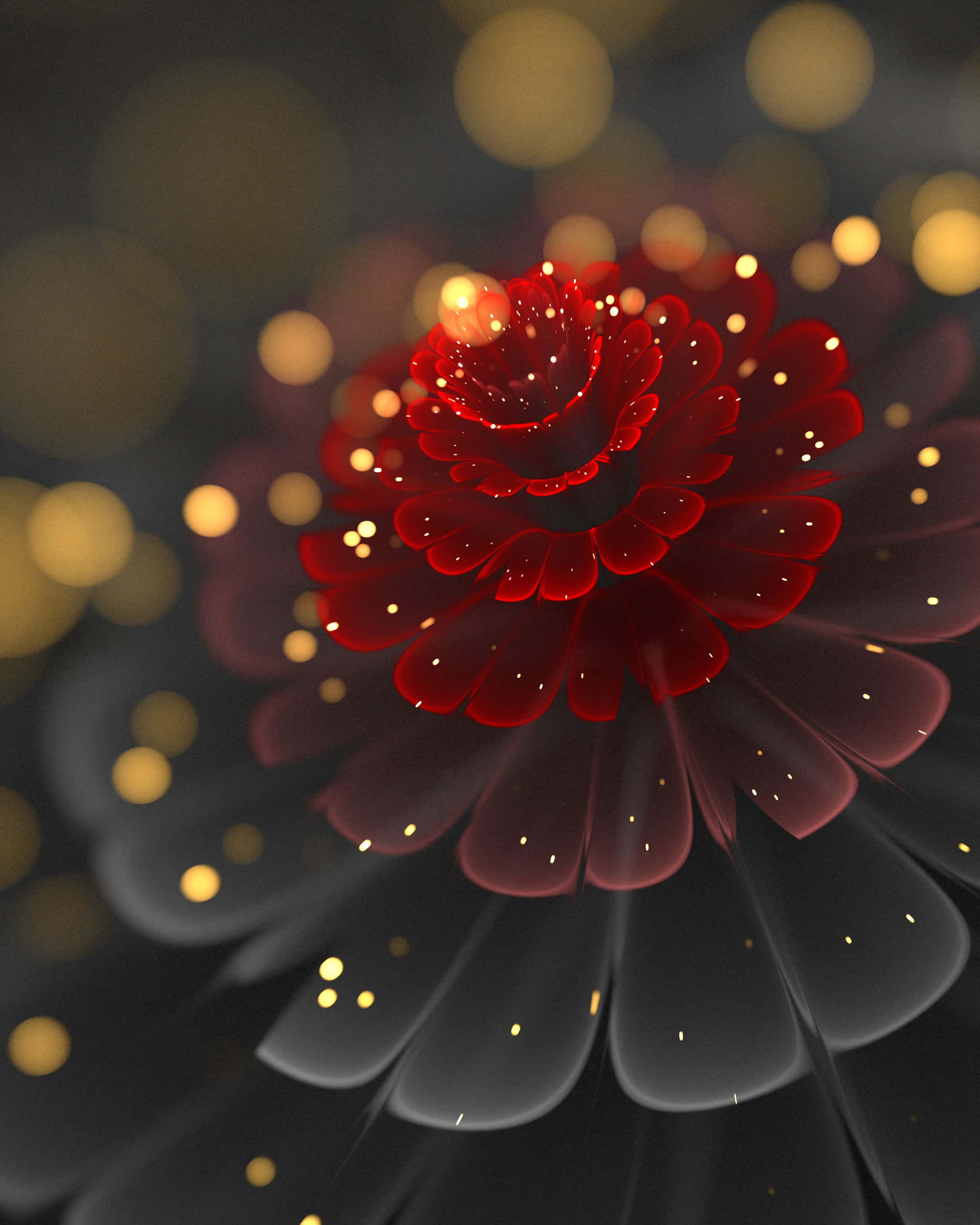 red flower, gold flecks, glowing, 2K Phone Wallpaper