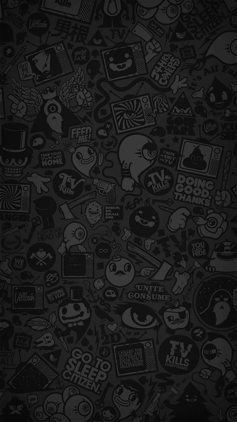 black background, chaotic cartoon stickers, pop culture icons, HD Phone Wallpaper