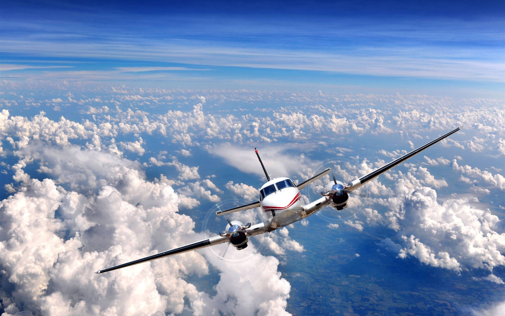 white propeller airplane, fluffy white clouds, clear blue sky, HD Desktop Wallpaper