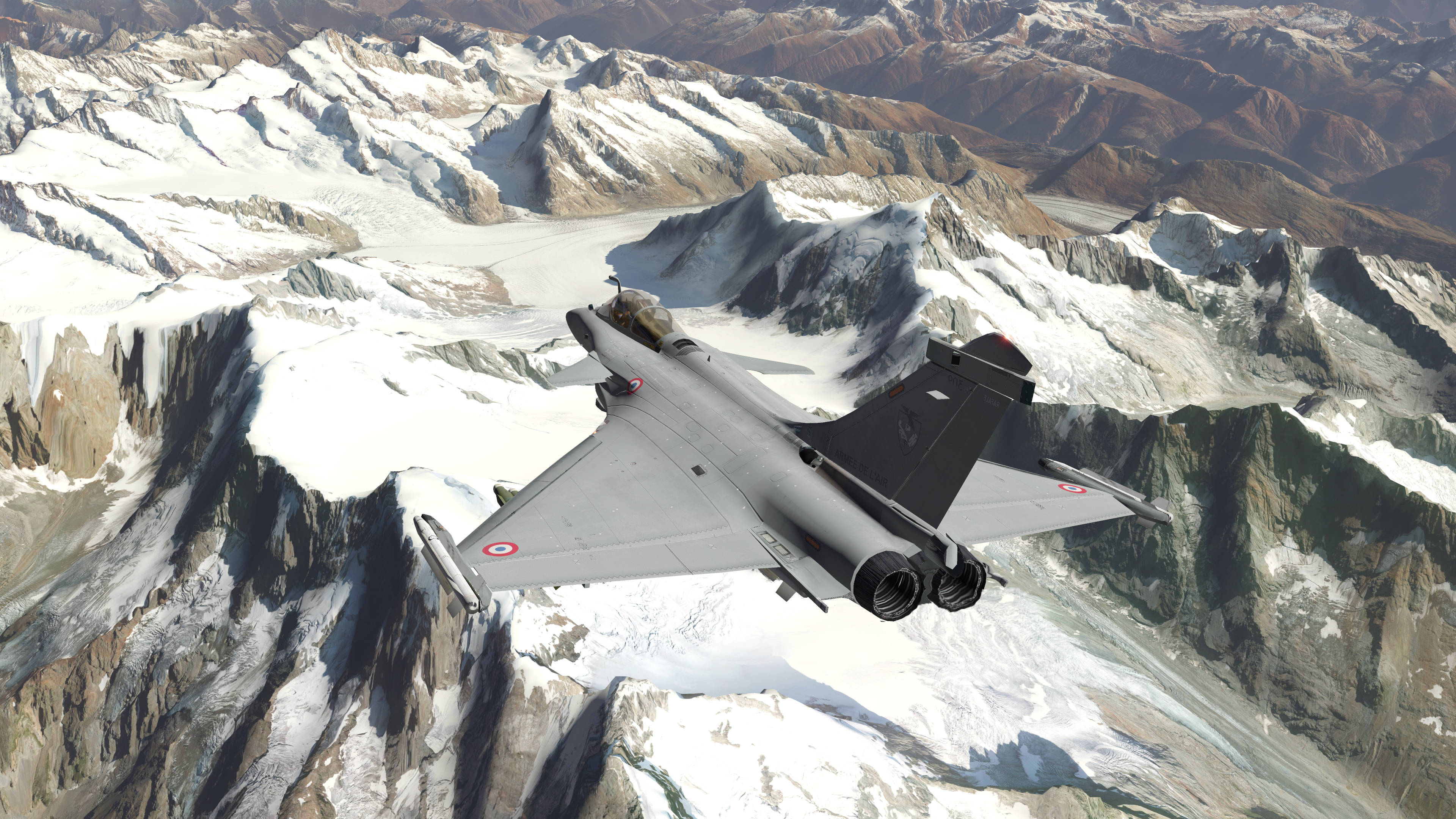 gray small plane fighter, sleek fighter jet, snowcapped mountain peaks, 4K Desktop Wallpaper