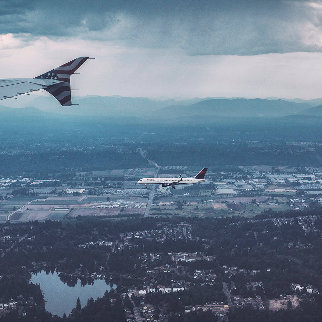Small Plane, city, misty valley, SD Desktop Wallpaper