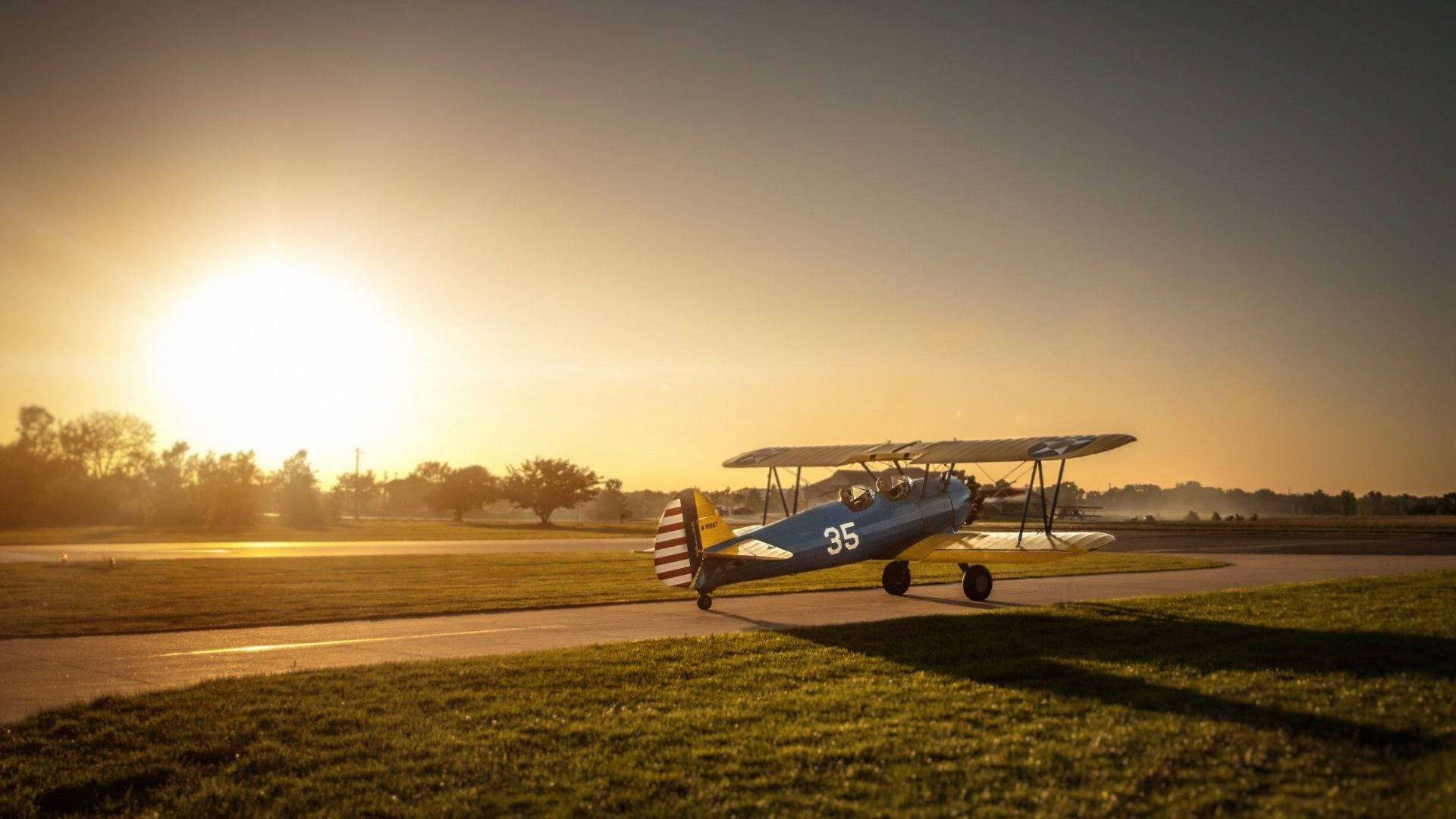 vintage blue biplane, number 35, runway, Full HD Desktop Wallpaper