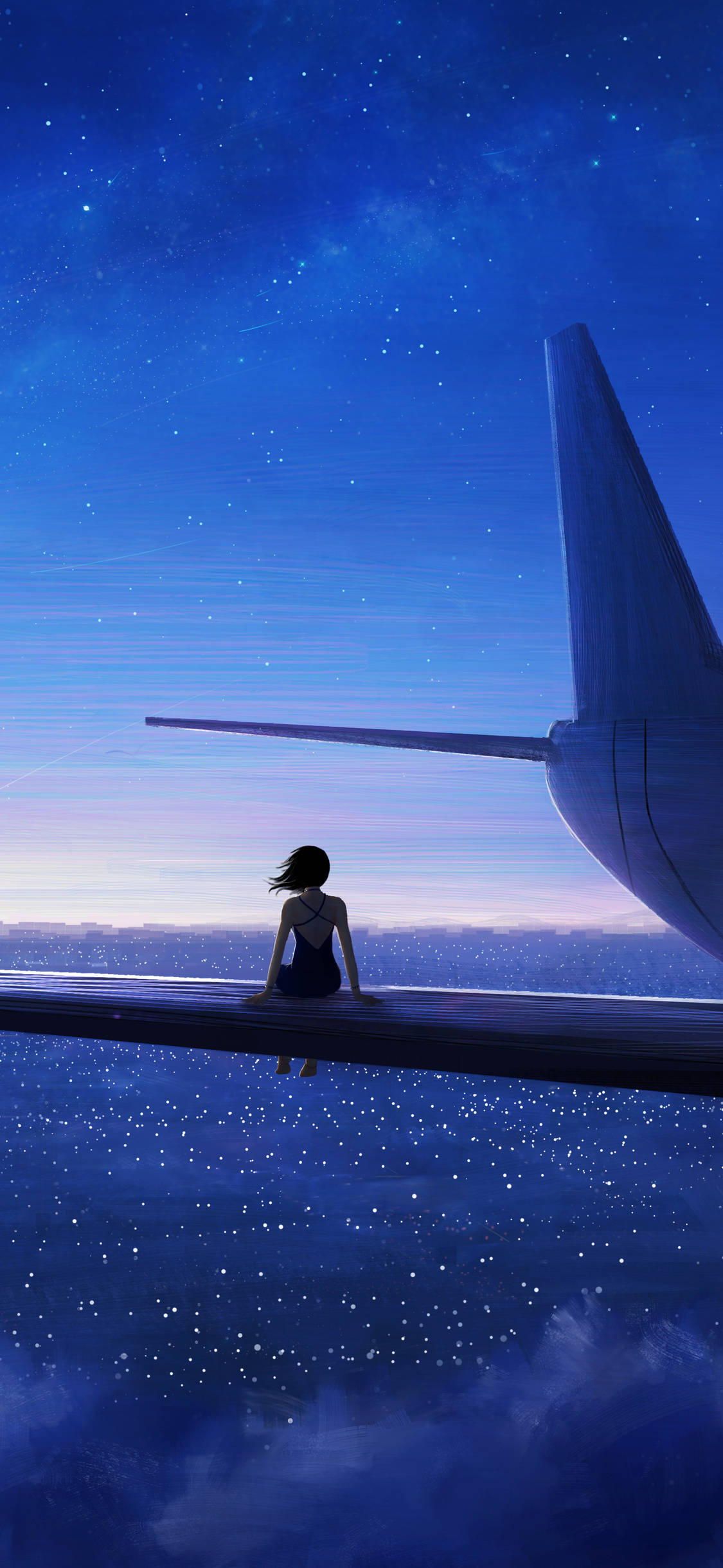 small plane, wing, starry night sky, Full HD Phone Wallpaper