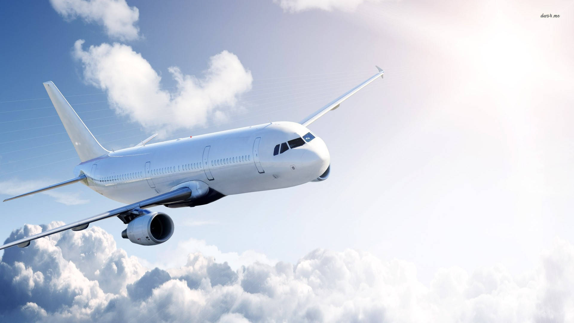 white passenger jet, fluffy white clouds, bright blue sky, Full HD Desktop Wallpaper