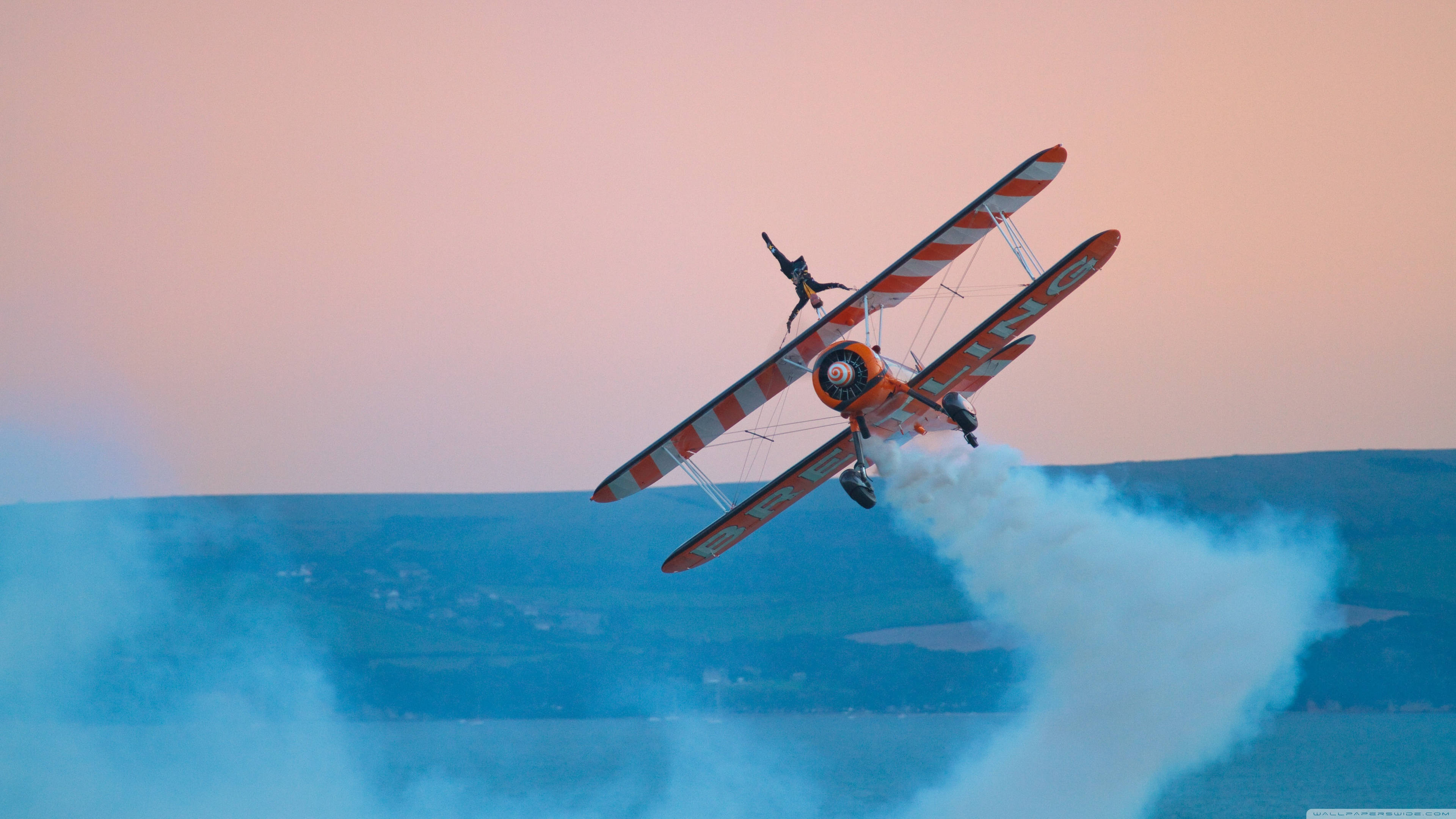 red and white biplane, aerial stunt, water, 4K Desktop Wallpaper