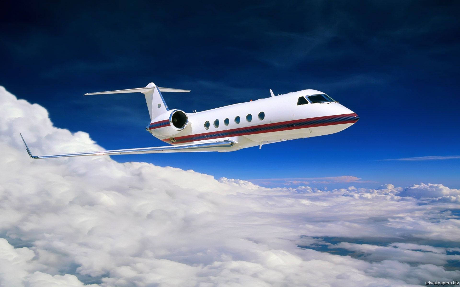 small plane, white private jet, red stripes, Full HD Desktop Wallpaper