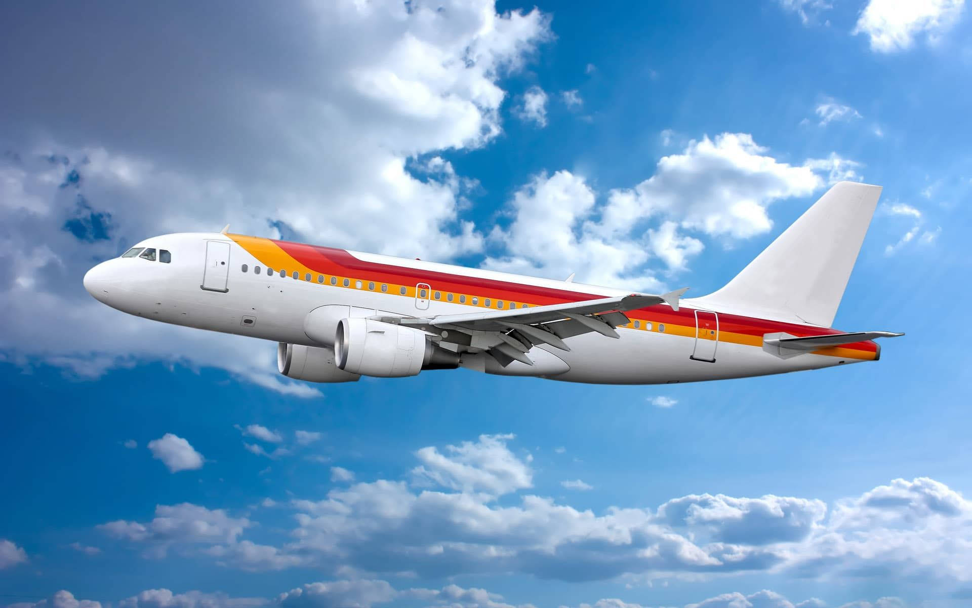 white passenger jet, red and orange stripes, bright blue sky, Full HD Desktop Wallpaper