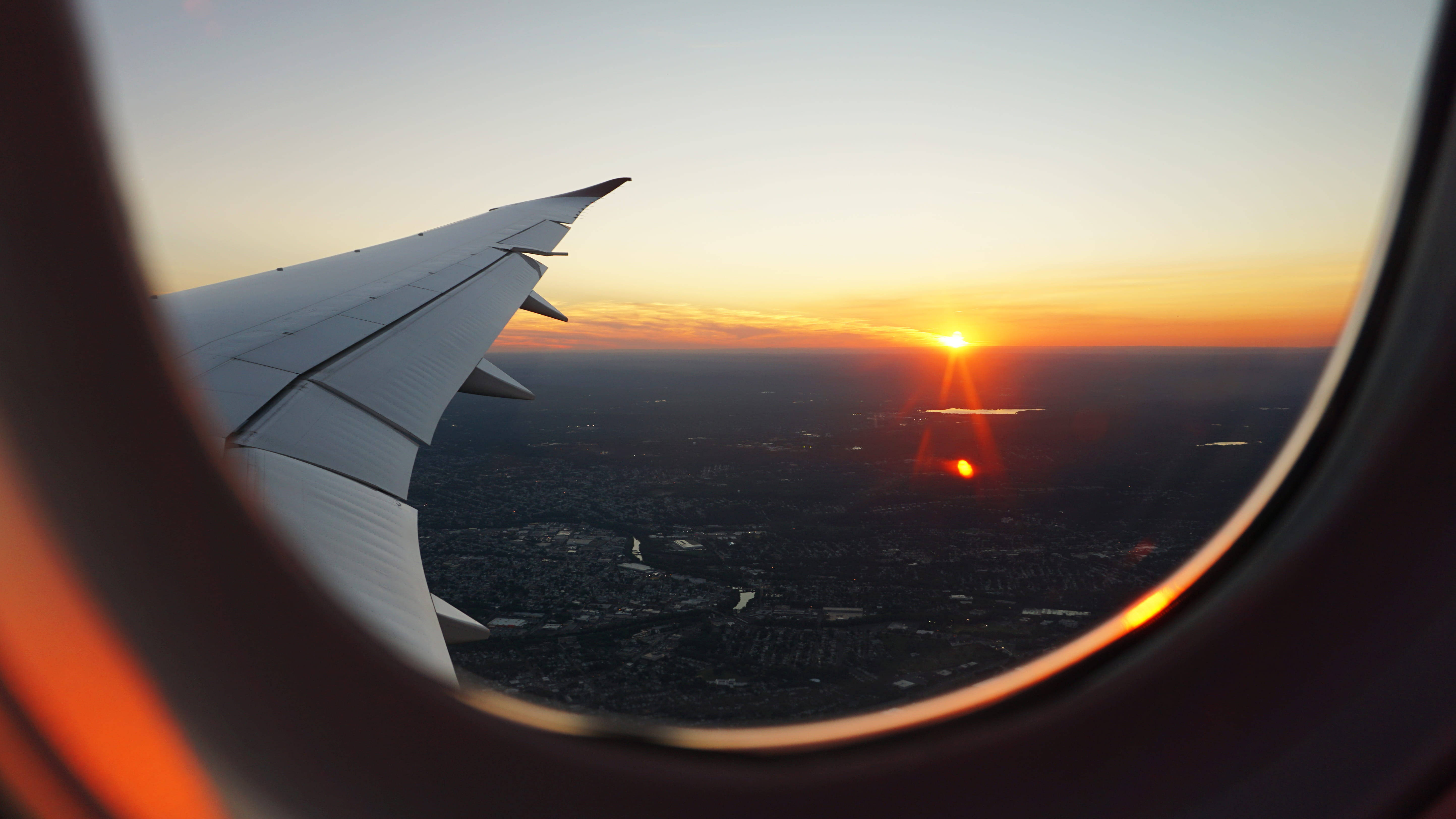 Sunset, Airplane window, Aircraft wing, 5K Desktop Wallpaper