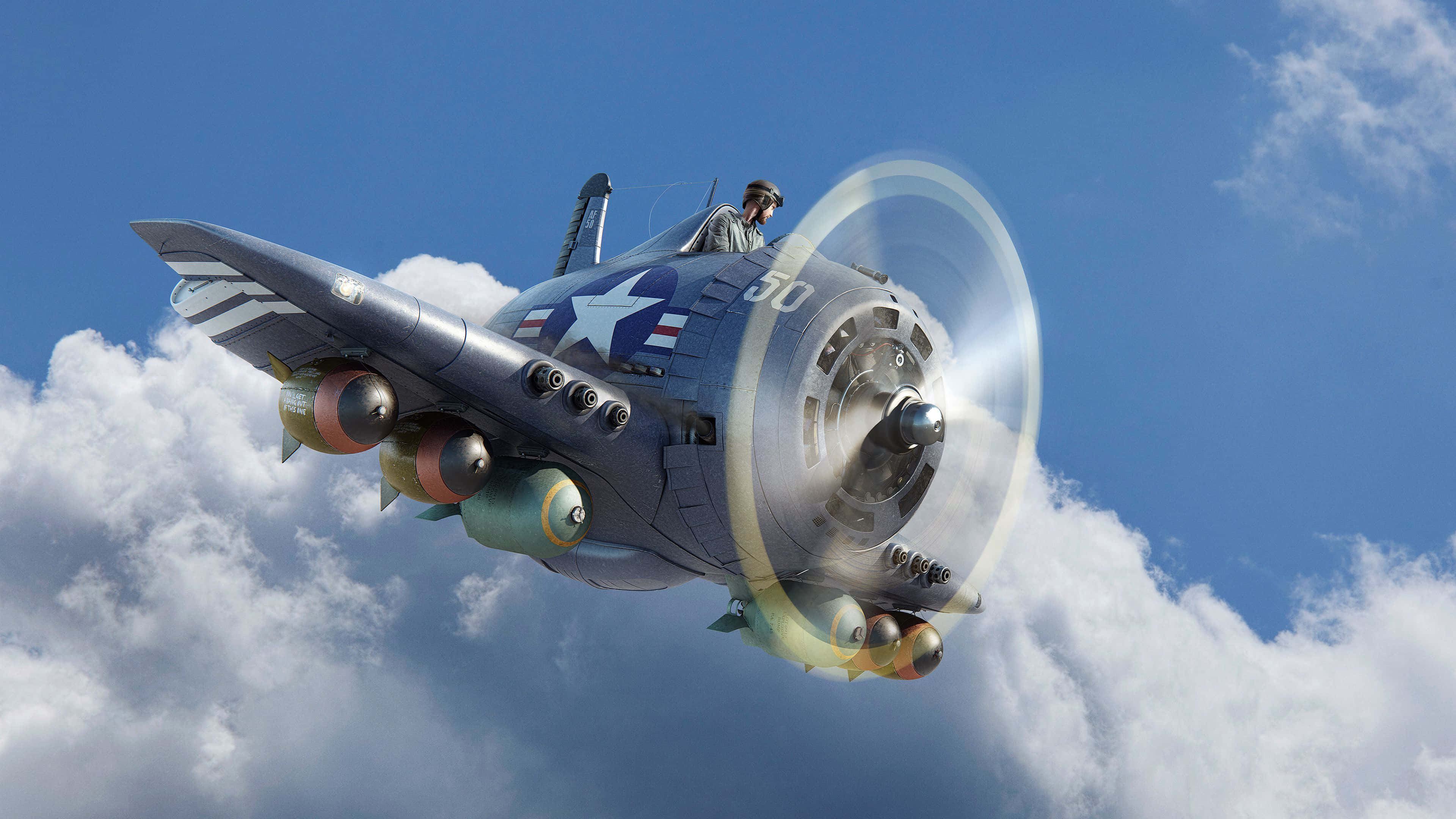 vintage military fighter plane, spinning propeller, bright blue sky, 4K Desktop Wallpaper