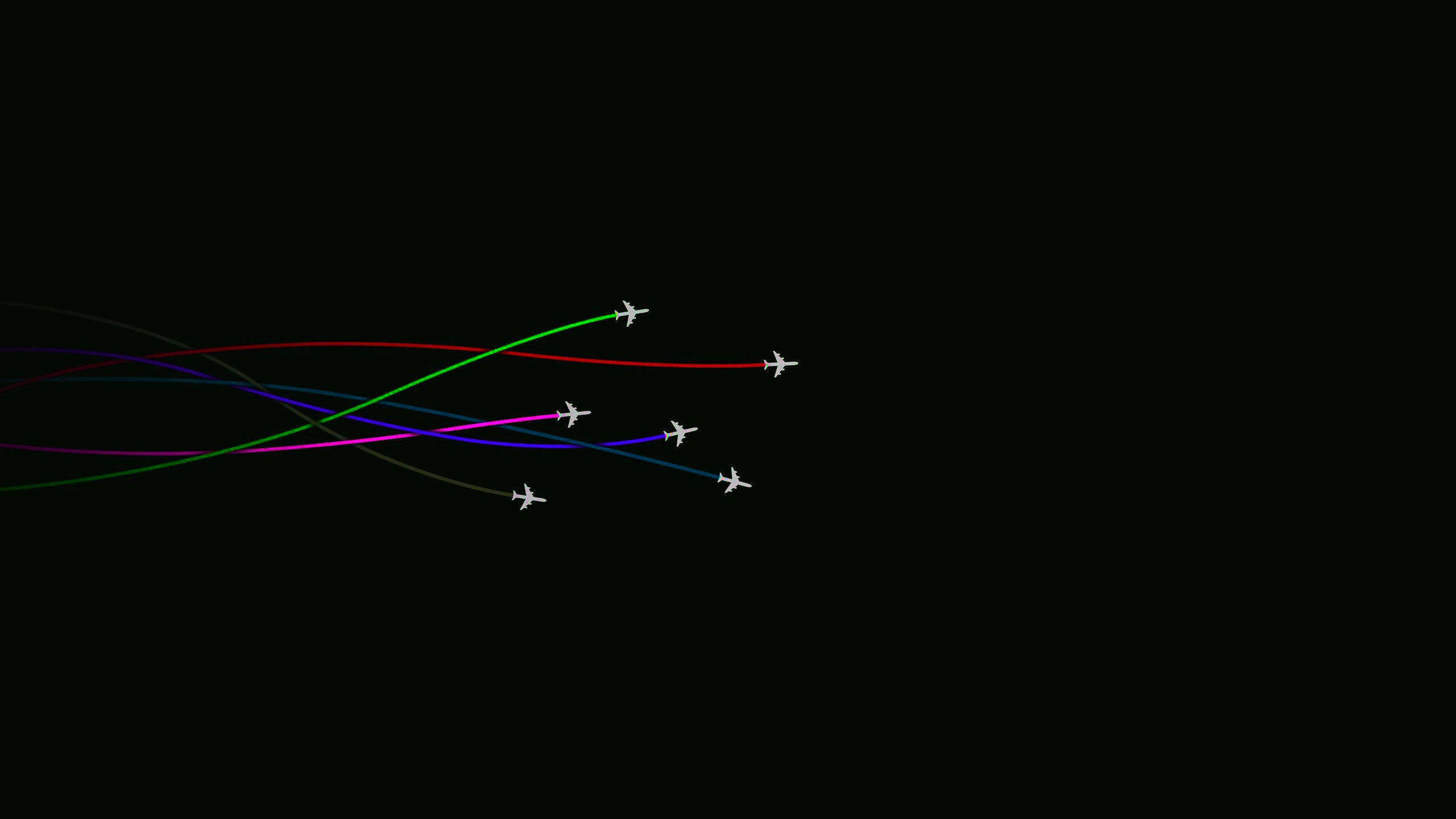 minimalist small planes, vibrant colored lines, stark black void, 2K Desktop Wallpaper