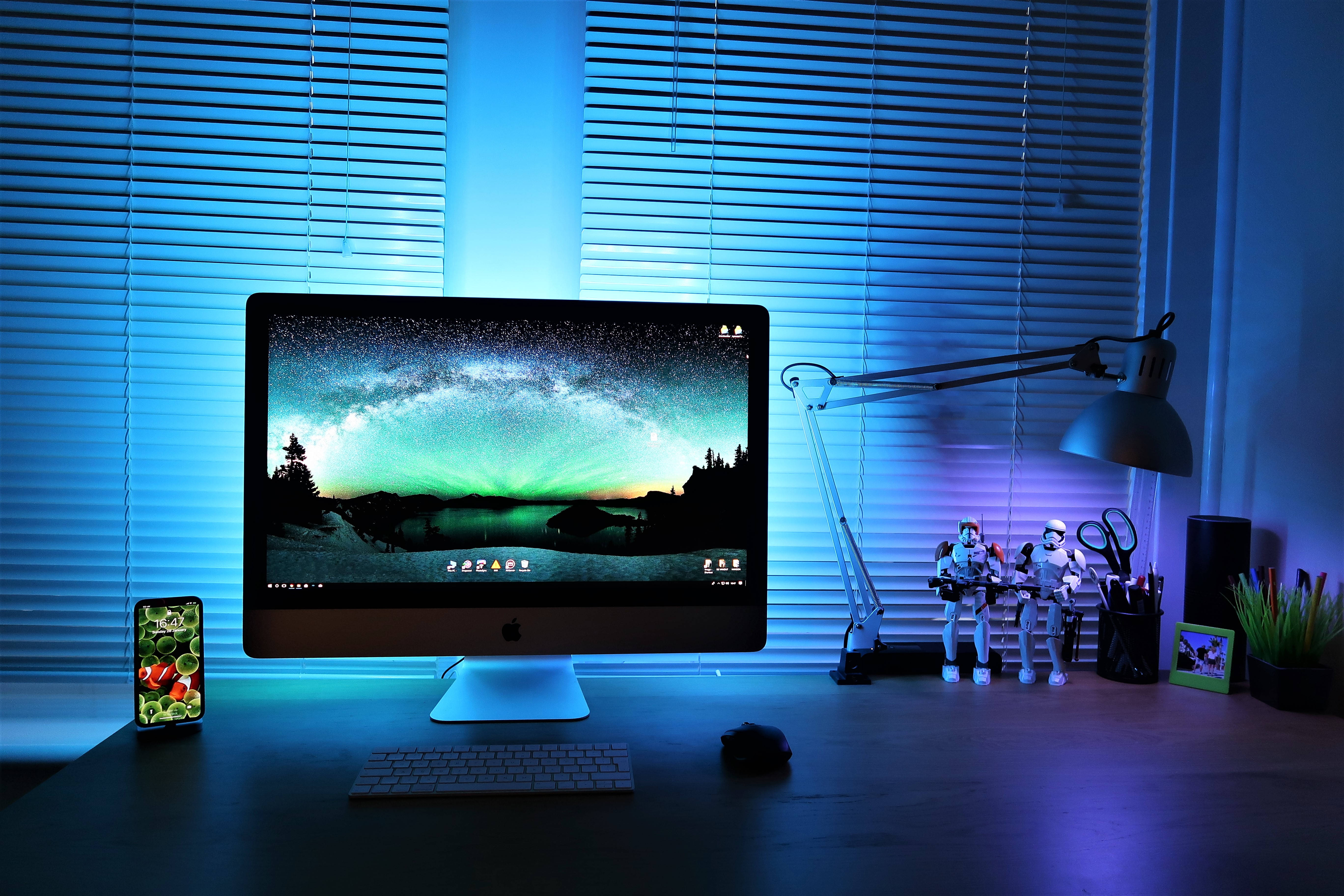 iMac, aurora wallpaper, glowing blue lights, 5K Desktop Wallpaper