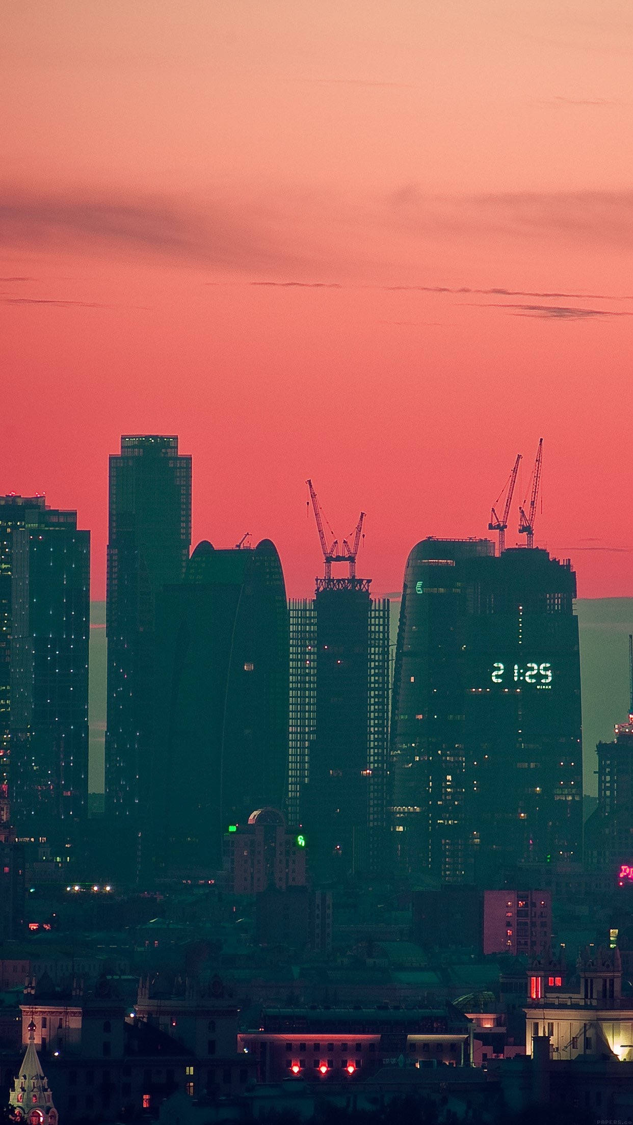 city skyline, dusk, fiery pink and orange sky, Full HD Phone Wallpaper