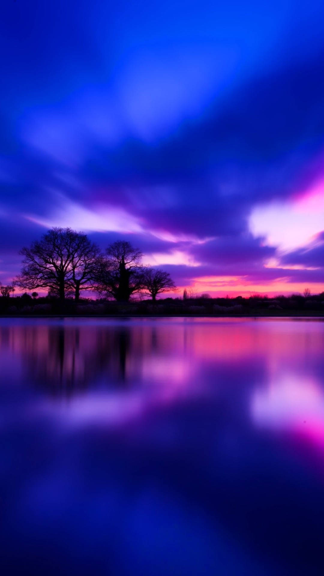 silhouetted trees, calm water, vibrant purple and pink twilight sky, Full HD Phone Wallpaper