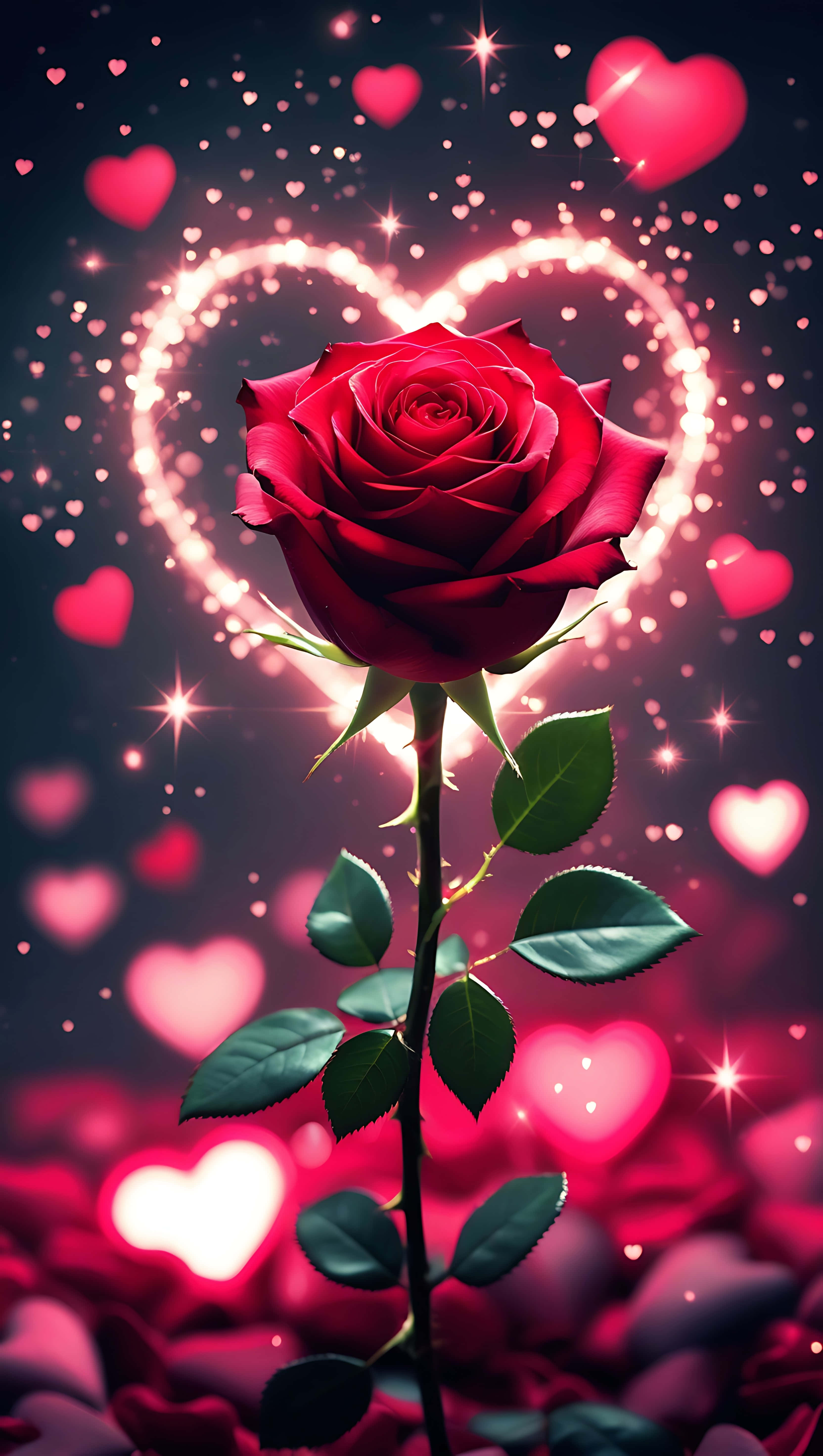 red rose, glowing pink hearts, sparkling stars, 5K Phone Wallpaper